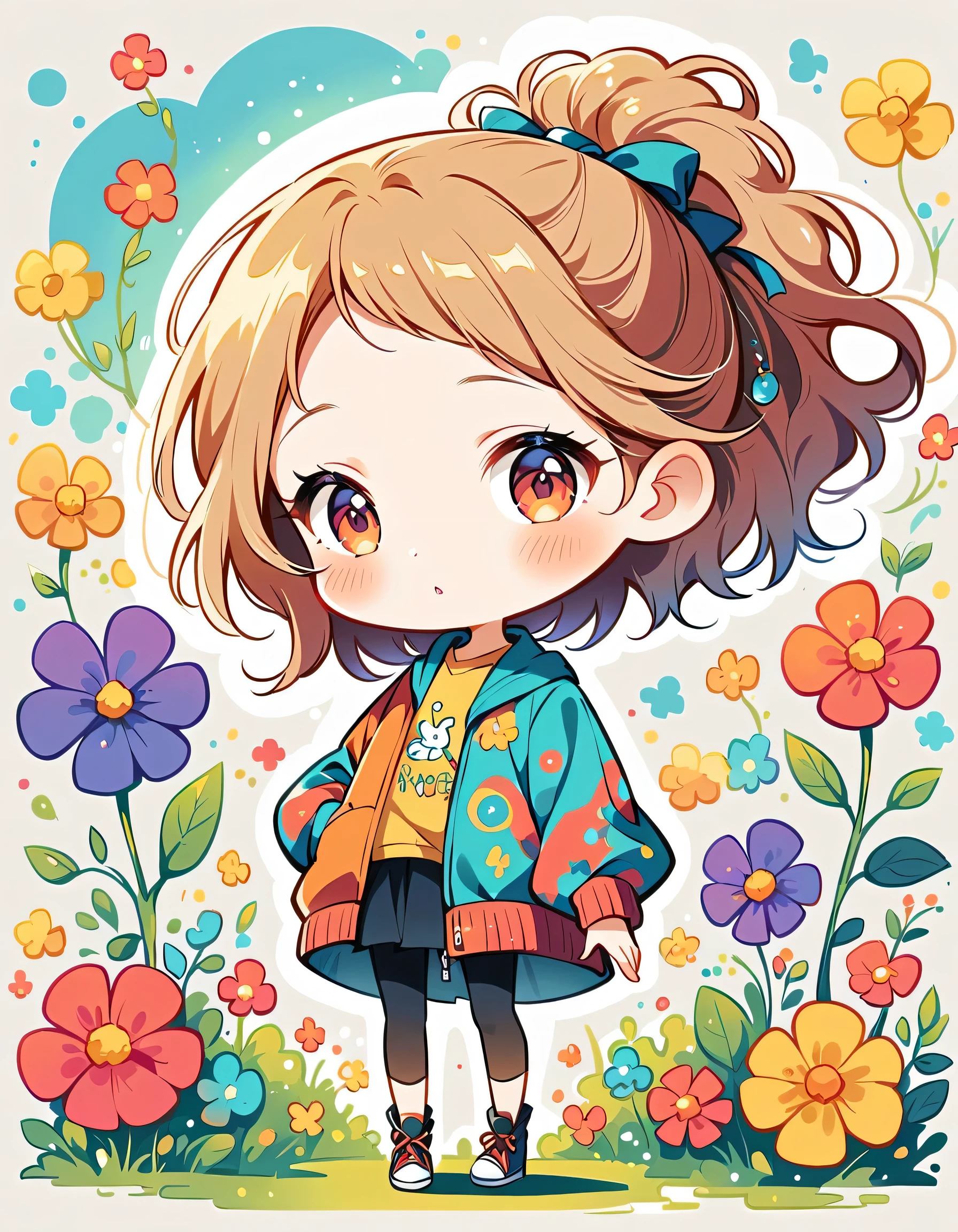 Watase Seizo style, Standing in front of a high wall,Simple Line Initialism,Abstract art,Urban Background, (((The most beautiful girl))), (((chibi))), colorful flowers