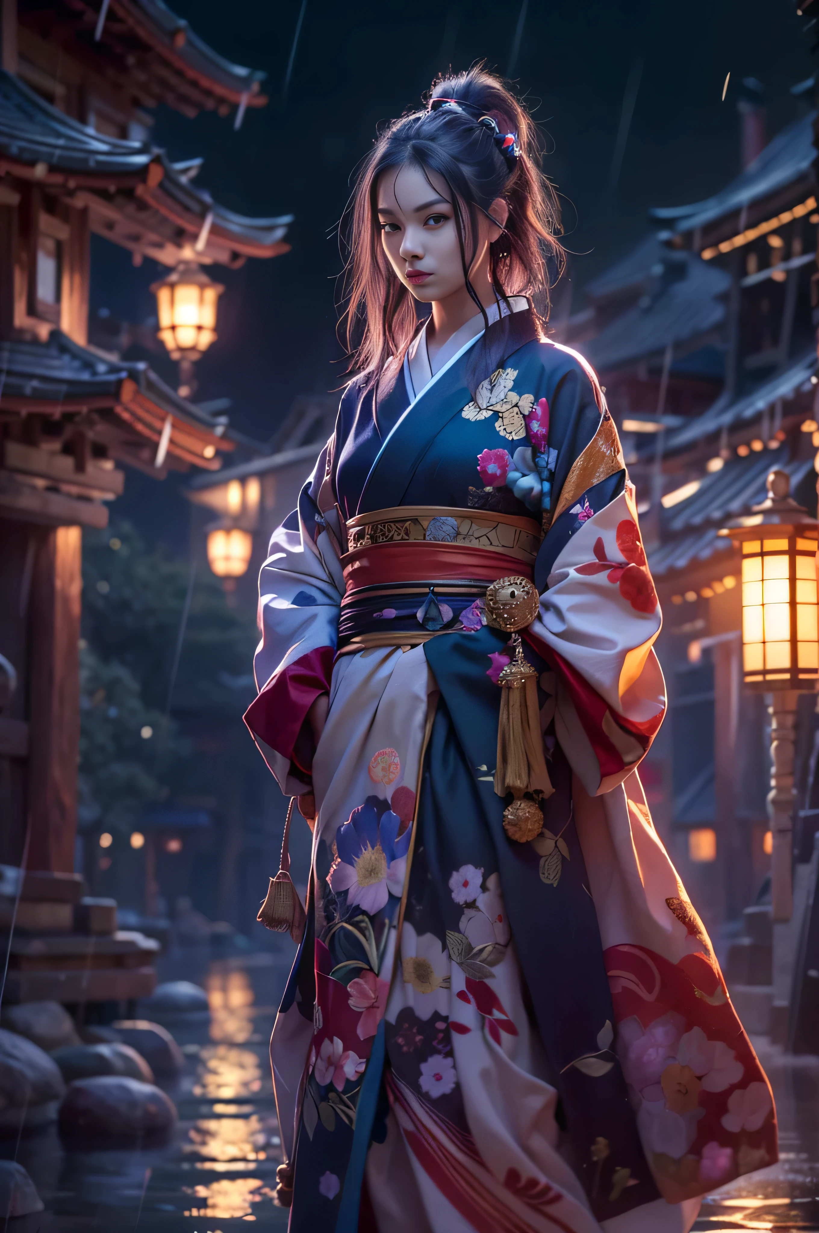 (8k, highest quality, Tabletop:1.2), (SFW:1.3), (Realistic, photo-Realistic:1.37), 1 beautiful girl, Swordsman, whole body, (Japanese Kimono), mini skirt, Long Hair, Ribbon in her hair,Old Japanese Village, night, full moon, moonlight, fire, (With a shining long sword), Fantasy, Floating Hair, rain,