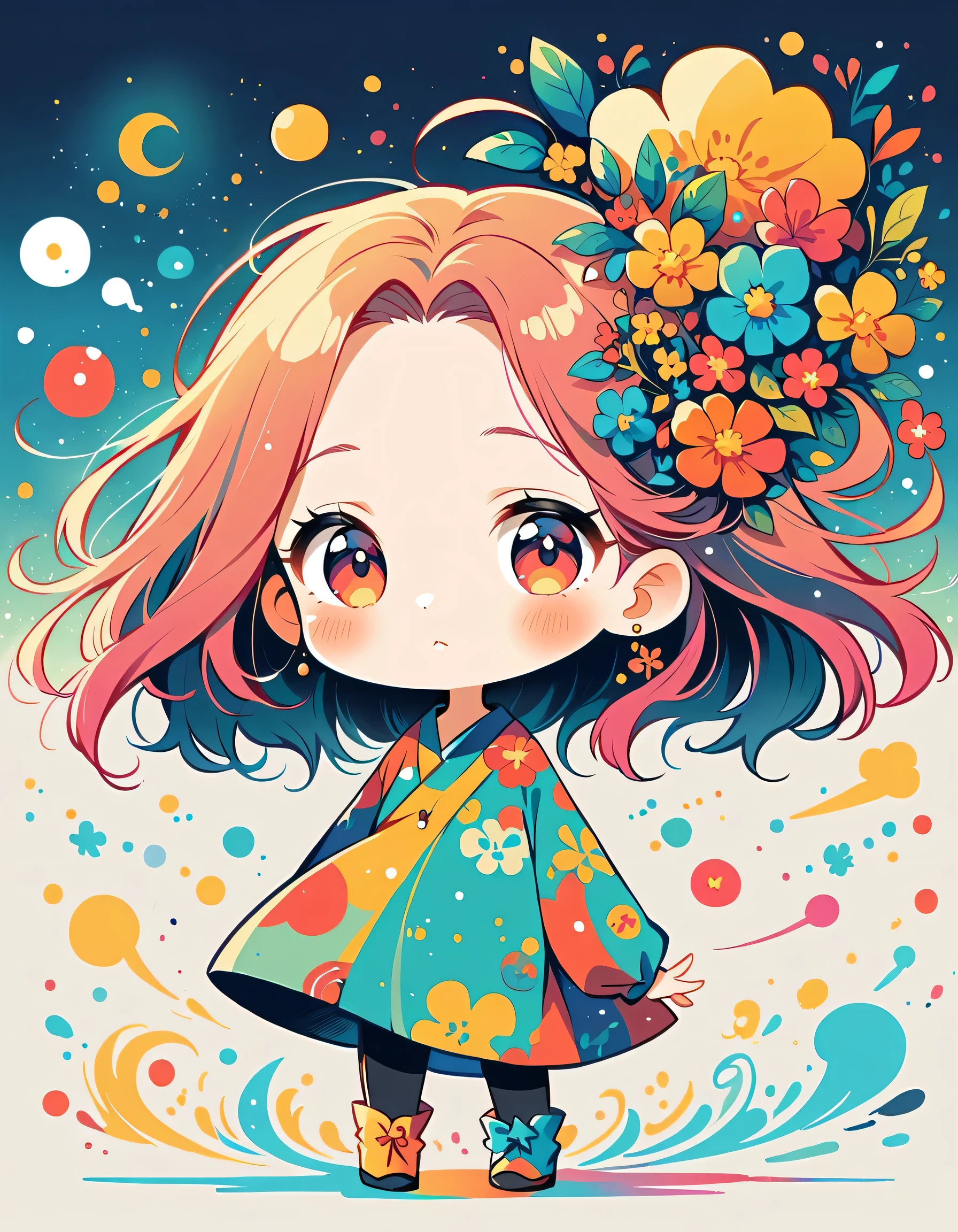 Watase Seizo style, Standing in front of a high wall,Simple Line Initialism,Abstract art,Urban Background, (((The most beautiful girl))), (((chibi))), colorful flowers