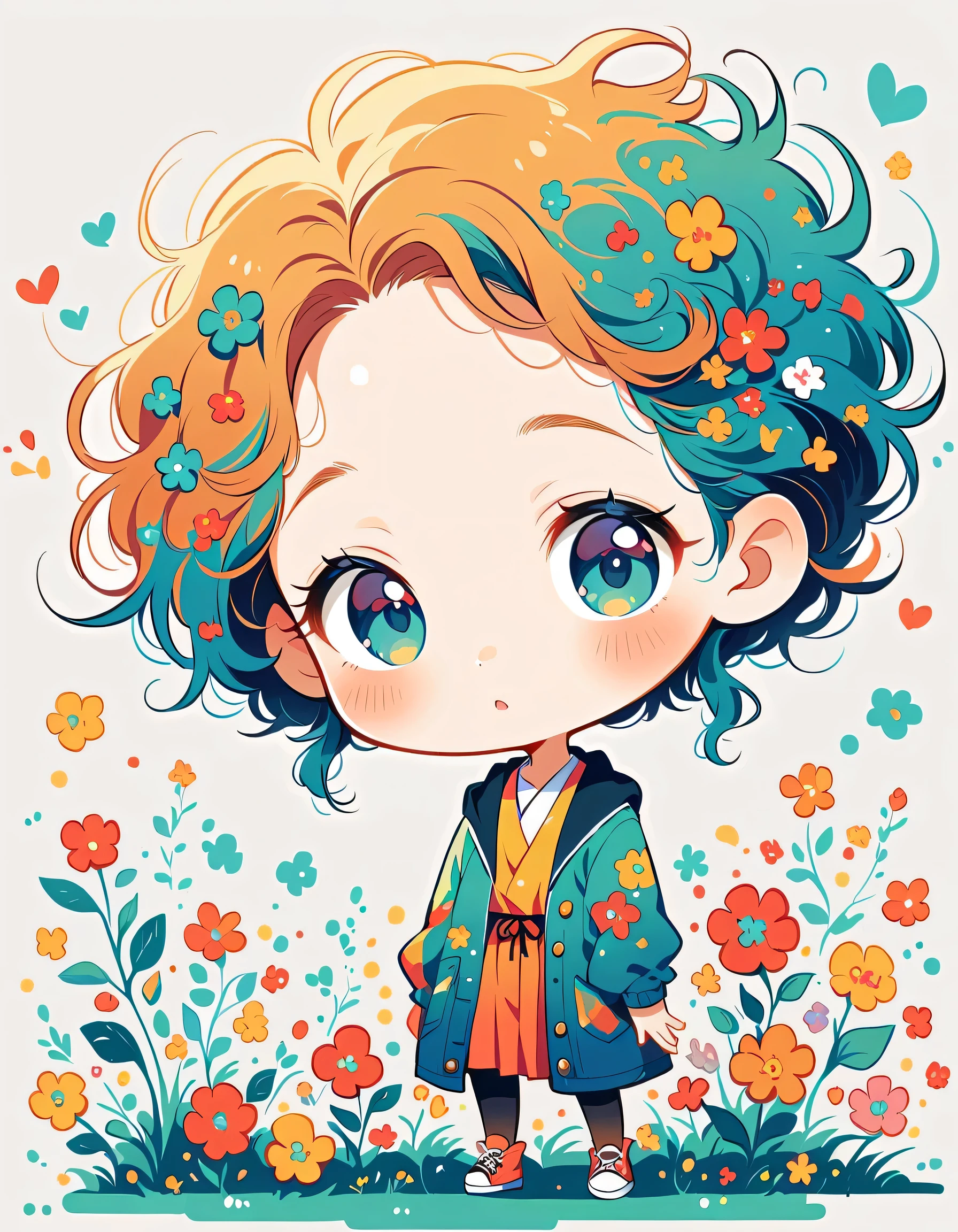 Watase Seizo style, Standing in front of a high wall，Simple Line Initialism，Abstract art，Urban Background, (((The most beautiful girl))), (((chibi))), colorful flowers