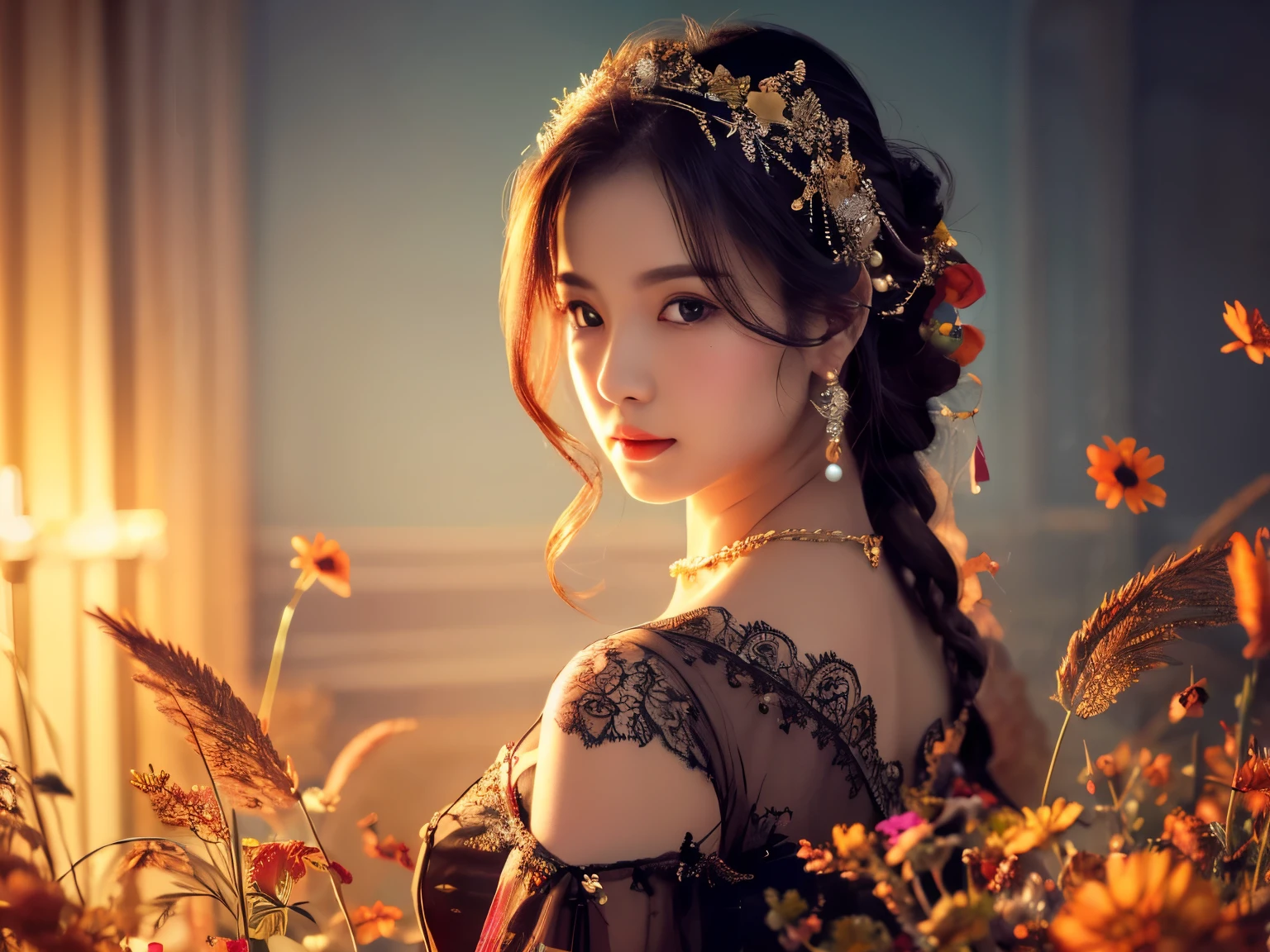 (masterpiece, top quality, best quality, official art, beautiful and aesthetic:1.2), (1girl), extreme detailed,(fractal art:1.3),colorful,highest detailed,upper body, [lace],[jewelry],[flower],[[butterfly]],