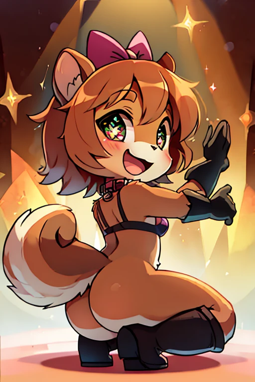 boy, squirrel, furry, bodyfur, tail, collar, bra, bottomless, gloves, boots, chibi, sparkling eyes, idol, dancing, singing, hair bow, happy, full body, squatting, looking back