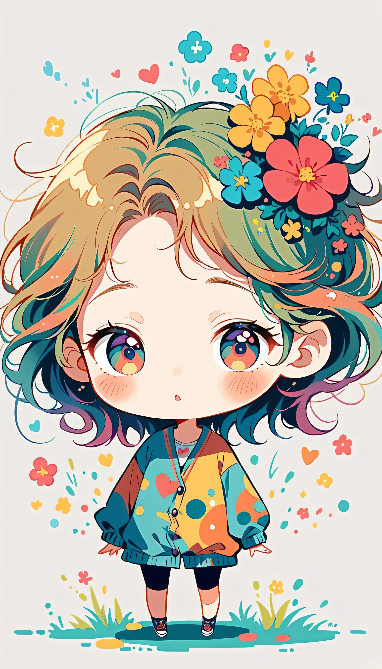 Watase Seizo style, Standing in front of a high wall,Simple Line Initialism,Abstract art,Urban Background, (((The most beautiful girl))), (((chibi))), colorful flowers