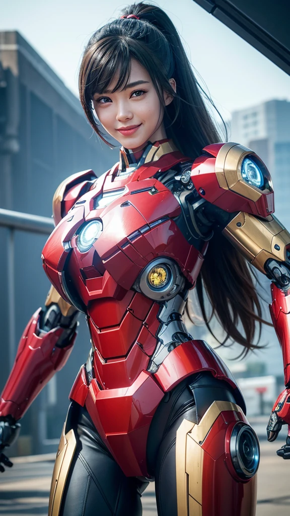 Textured skin, Super Detail, high details, High quality, Best Quality, hight resolution, 1080p, hard disk, Beautiful,(Iron Girl),Beautiful Smile,beautiful cyborg woman,Mecha Cyborg Girl,Battle Mode,Girl with a Mecha Body,She wears an Iron Man mech,A powerful cyborg woman, sleek and futuristic, with advanced mechanical augmentations that enhance her strength and capabilities