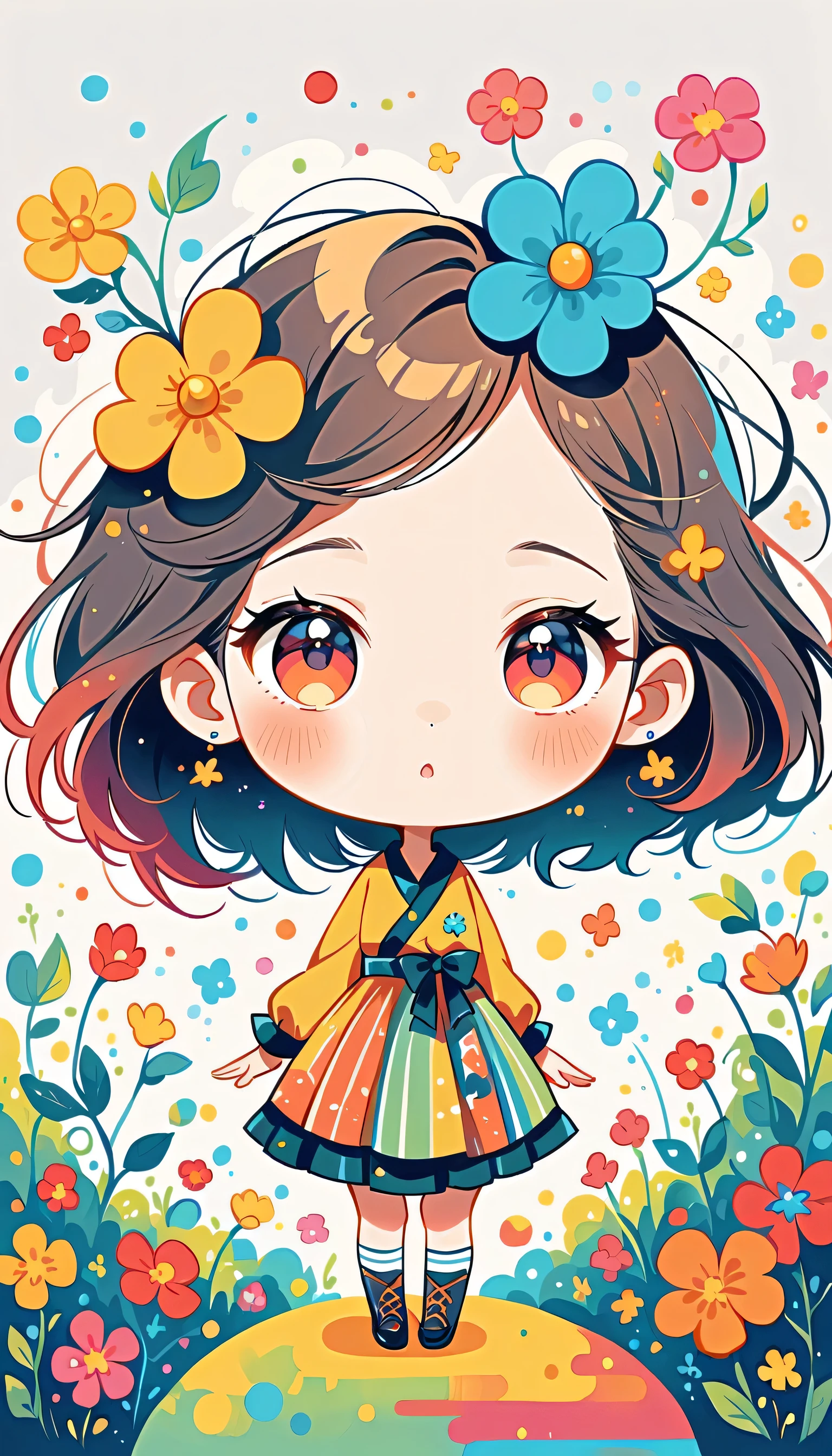 Watase Seizo style, Standing in front of a high wall,Simple Line Initialism,Abstract art,Urban Background, (((The most beautiful girl))), (((chibi))), colorful flowers