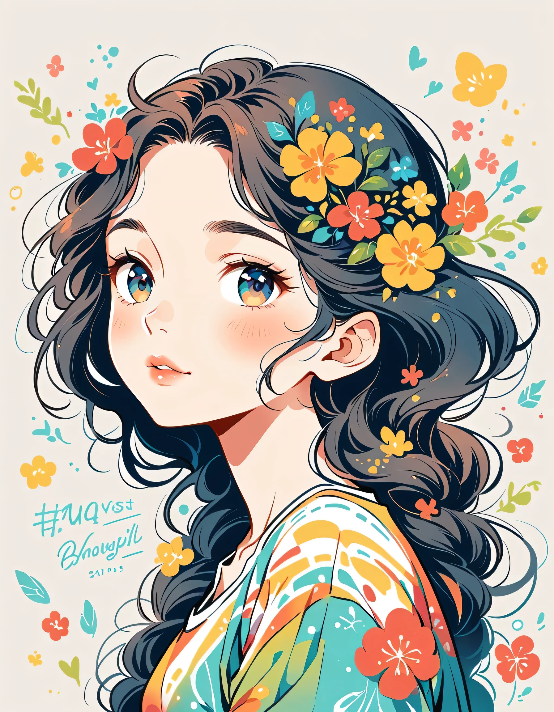 Takashi Murakami style、The most beautiful girl of all time、Lips in Love、Colorful flowers、Simple line initials、Abstract art、Urban Background,