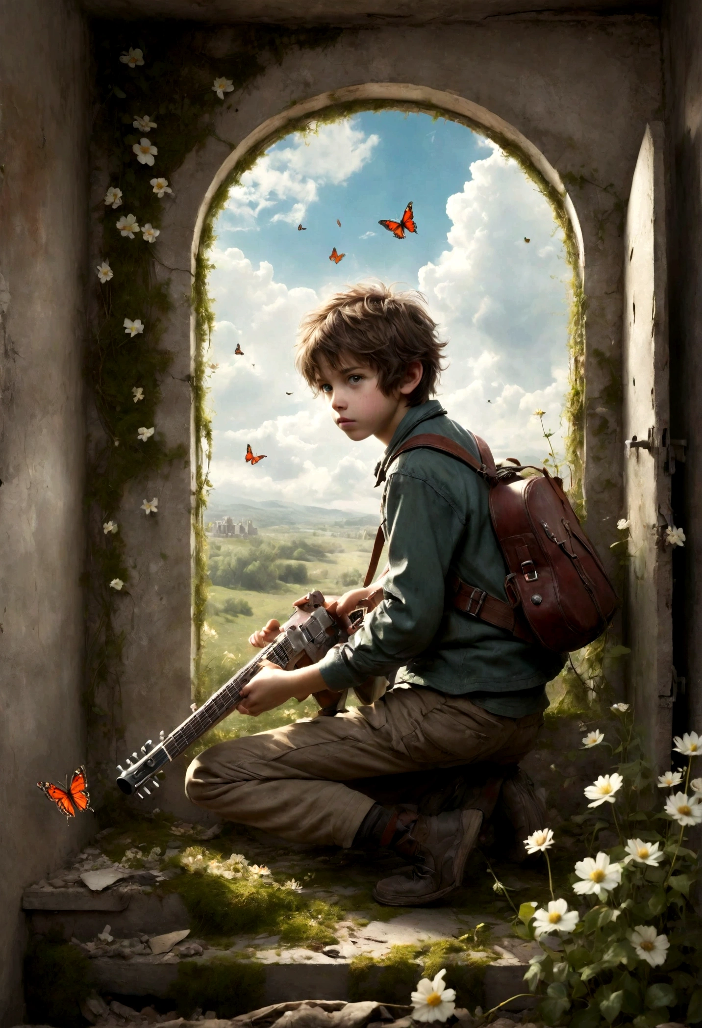(((Gunfire outside the window,Fighter plane in the sky))), playing guitar in ruins, Brown hair,depressed, Eyes gaze,Dirty face,desolate, moss covered, Dilapidated, dirty, (best quality,4k,8K,High resolution,masterpiece:1.2),Extremely detailed,(Practical,photoPractical,photo-Practical:1.37),Dark Fantasy,severe,Mood lighting,Dramatic shadows,Movie,moody color palette,Soft Tones,Rubbish,rot,weathered,tattered,Small white flowers,Dungeons,cemetery,Black and Red,stairs,vine,rainwater,Swarms of glowing butterflies,A group of transparent wandering souls, Ghost