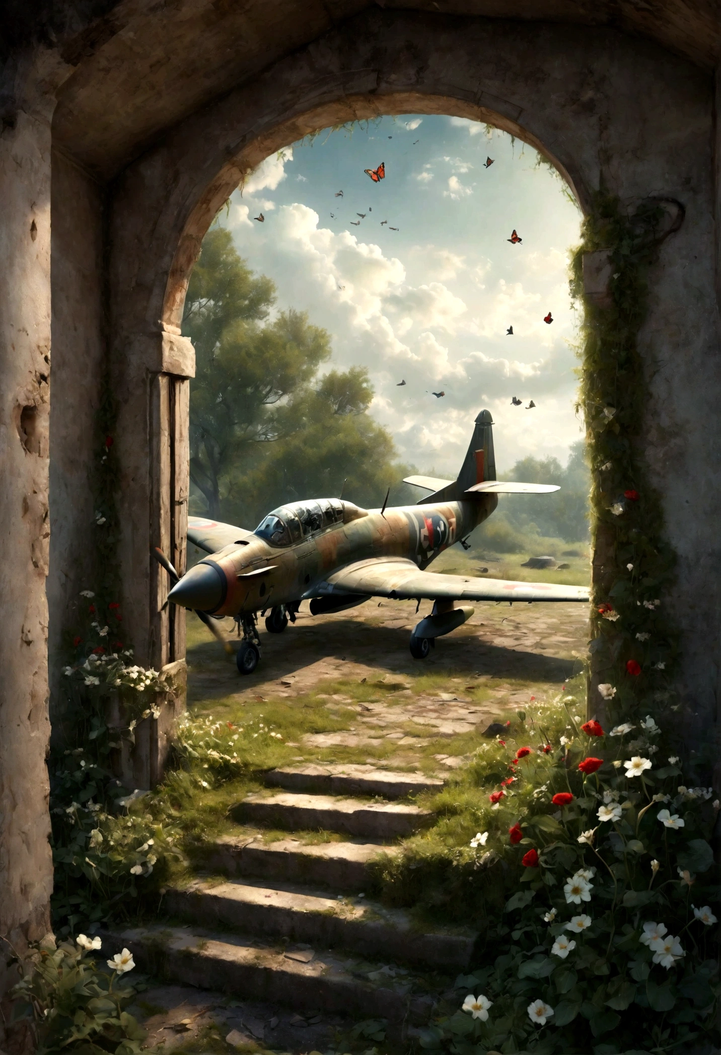 (((Gunfire outside the window,Fighter plane in the sky))),Little boy playing guitar in ruins, Brown hair,depressed, Eyes gaze,Dirty face,desolate, moss covered, Dilapidated, dirty, (best quality,4k,8K,High resolution,masterpiece:1.2),Extremely detailed,(Practical,photoPractical,photo-Practical:1.37),Dark Fantasy,severe,Mood lighting,Dramatic shadows,Movie,moody color palette,Soft Tones,Rubbish,rot,weathered,tattered,Small white flowers,Dungeons,cemetery,Black and Red,stairs,vine,rainwater,Swarms of glowing butterflies,A group of transparent wandering souls, Ghost