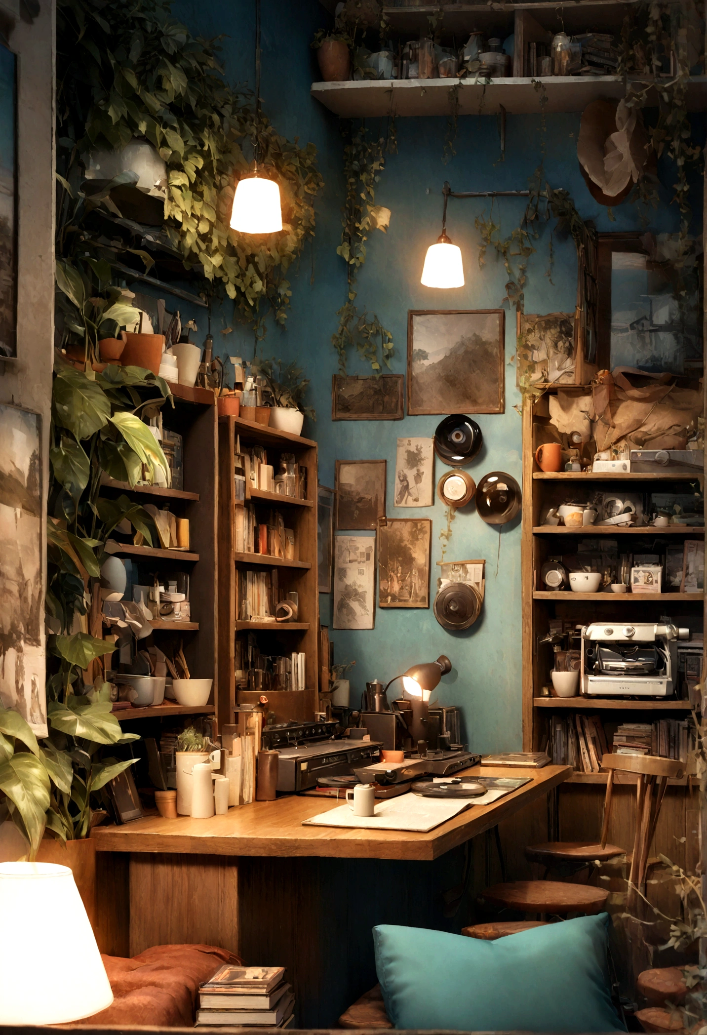((only background)), ((photo realistic:1.4,illustration)),(masterpiece, top quality, best quality),(ultra-detailed, absolutely resolution),((16k, high res)).(reflect), (produces images with information than 40 million pixels with cinematic-like detailed textures shot on a Sony SLR).
BREAK {cozy lofi coffee. The café should have a warm and inviting atmosphere with dim lighting and wooden furniture. Include vintage decorations such as old posters, vinyl records, and retro lamps. The seating areas should be comfortable with cushions and throw blankets, surrounded by plants in pots and shelves filled with books and records. A barista should be seen making coffee at the counter, with a record player in the corner playing soft music. The overall vibe should be relaxed and calming, perfect for studying or unwinding in the afternoon.}
BREAK {(((cinematic look))), soothing tones, insane details, intricate details, hyperdetailed, low contrast, exposure blend, hdr, beautiful blue image, (hi-contrast), Sony SLR.}