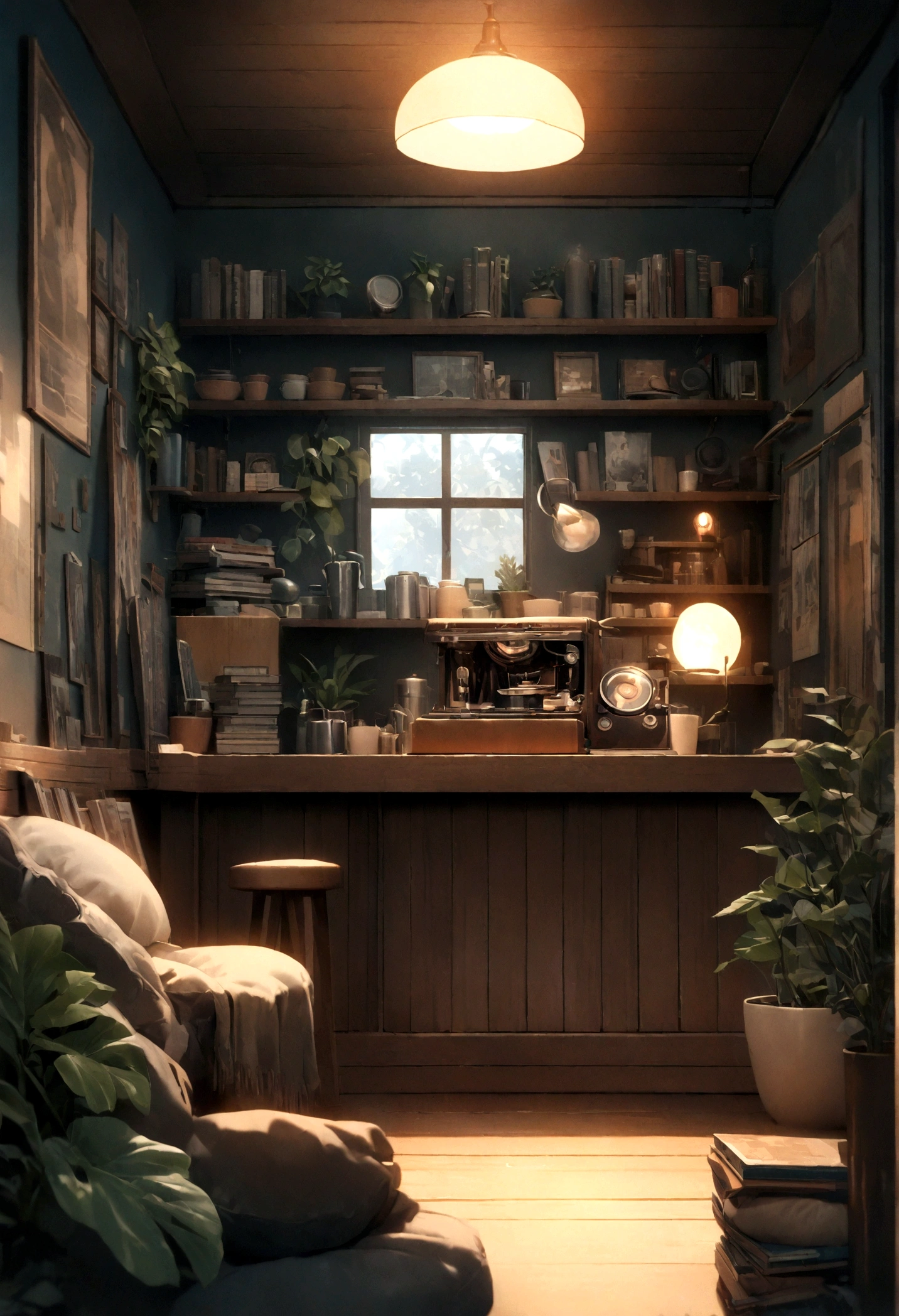 ((only background)), ((photo realistic:1.4,illustration)),(masterpiece, top quality, best quality),(ultra-detailed, absolutely resolution),((16k, high res)).(reflect), (produces images with information than 40 million pixels with cinematic-like detailed textures shot on a Sony SLR).

BREAK {cozy lofi coffee. The café should have a warm and inviting atmosphere with dim lighting and wooden furniture. Include vintage decorations such as old posters, vinyl records, and retro lamps. The seating areas should be comfortable with cushions and throw blankets, surrounded by plants in pots and shelves filled with books and records. A barista should be seen making coffee at the counter, with a record player in the corner playing soft music. The overall vibe should be relaxed and calming, perfect for studying or unwinding in the afternoon.}

BREAK {(((cinematic look))), soothing tones, insane details, intricate details, hyperdetailed, low contrast, exposure blend, hdr, beautiful blue image, (hi-contrast), Sony SLR.}


