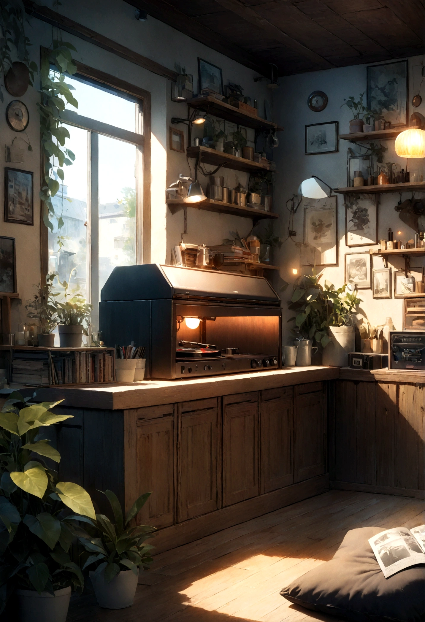 ((only background)), ((photo realistic:1.4,illustration)),(masterpiece, top quality, best quality),(ultra-detailed, absolutely resolution),((16k, high res)).(reflect), (produces images with information than 40 million pixels with cinematic-like detailed textures shot on a Sony SLR).

BREAK {cozy lofi coffee. The café should have a warm and inviting atmosphere with dim lighting and wooden furniture. Include vintage decorations such as old posters, vinyl records, and retro lamps. The seating areas should be comfortable with cushions and throw blankets, surrounded by plants in pots and shelves filled with books and records. A barista should be seen making coffee at the counter, with a record player in the corner playing soft music. The overall vibe should be relaxed and calming, perfect for studying or unwinding in the afternoon.}

BREAK {(((cinematic look))), soothing tones, insane details, intricate details, hyperdetailed, low contrast, exposure blend, hdr, beautiful blue image, (hi-contrast), Sony SLR.}

