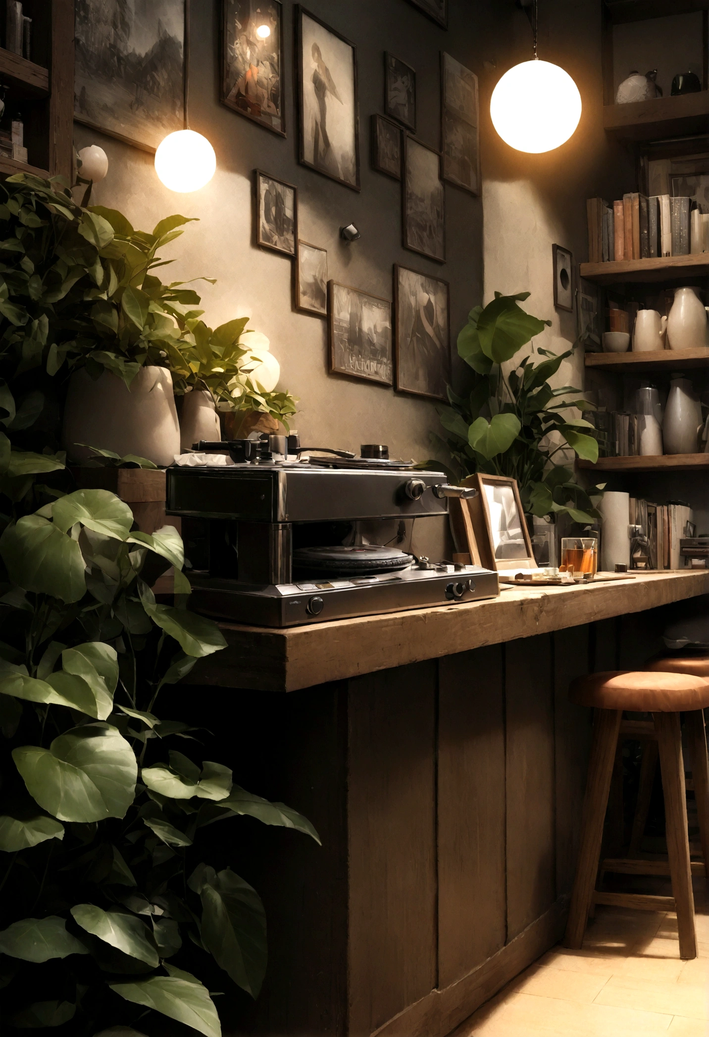 ((only background)), ((photo realistic:1.4,illustration)),(masterpiece, top quality, best quality),(ultra-detailed, absolutely resolution),((16k, high res)).(reflect), (produces images with information than 40 million pixels with cinematic-like detailed textures shot on a Sony SLR).
BREAK {cozy lofi coffee. The café should have a warm and inviting atmosphere with dim lighting and wooden furniture. Include vintage decorations such as old posters, vinyl records, and retro lamps. The seating areas should be comfortable with cushions and throw blankets, surrounded by plants in pots and shelves filled with books and records. A barista should be seen making coffee at the counter, with a record player in the corner playing soft music. The overall vibe should be relaxed and calming, perfect for studying or unwinding in the afternoon.}
BREAK {(((cinematic look))), soothing tones, insane details, intricate details, hyperdetailed, low contrast, exposure blend, hdr, beautiful blue image, (hi-contrast), Sony SLR.}