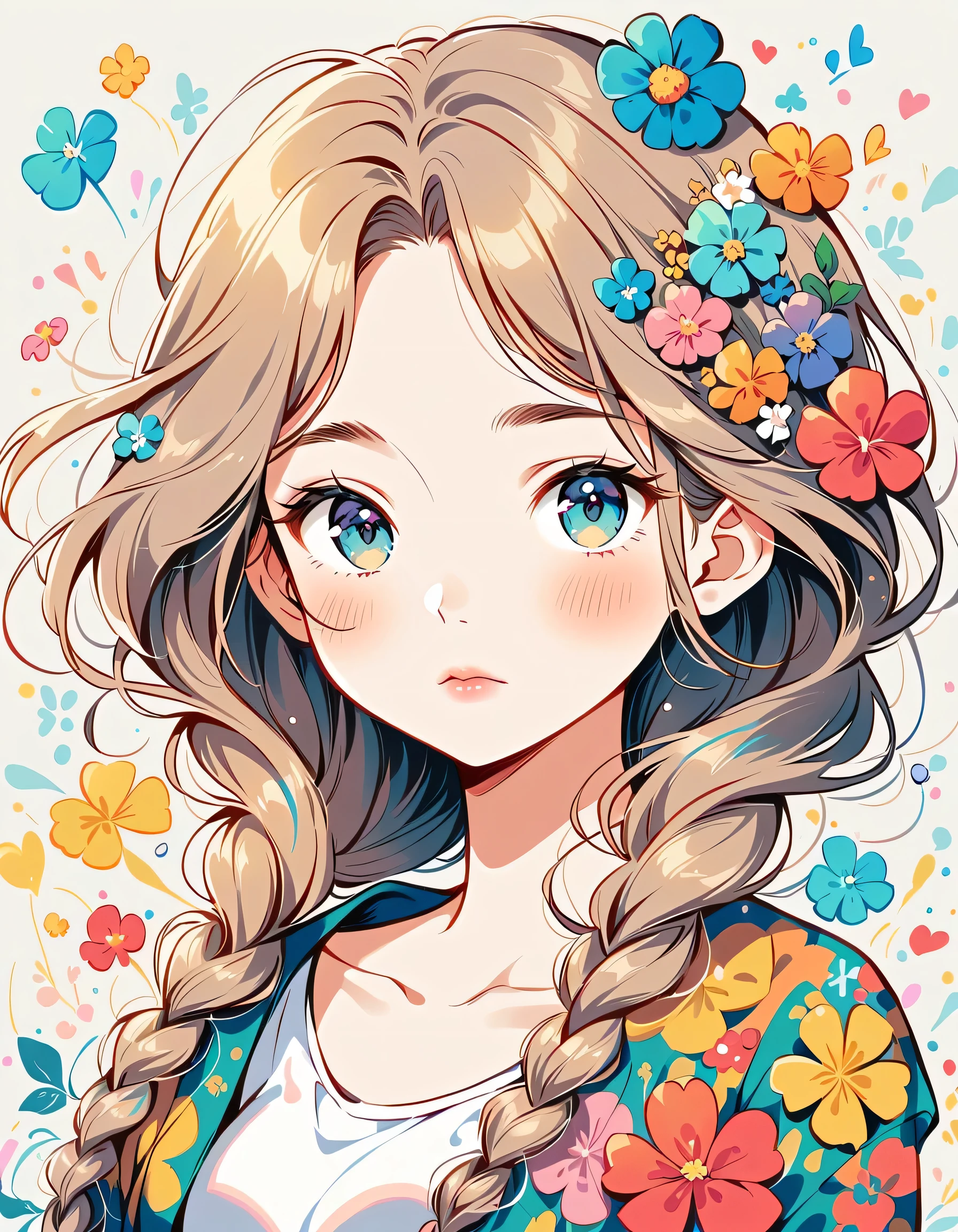 Takashi Murakami style、The most beautiful girl of all time、Lips in Love、Colorful flowers、Simple line initials、Abstract art、Urban Background, 