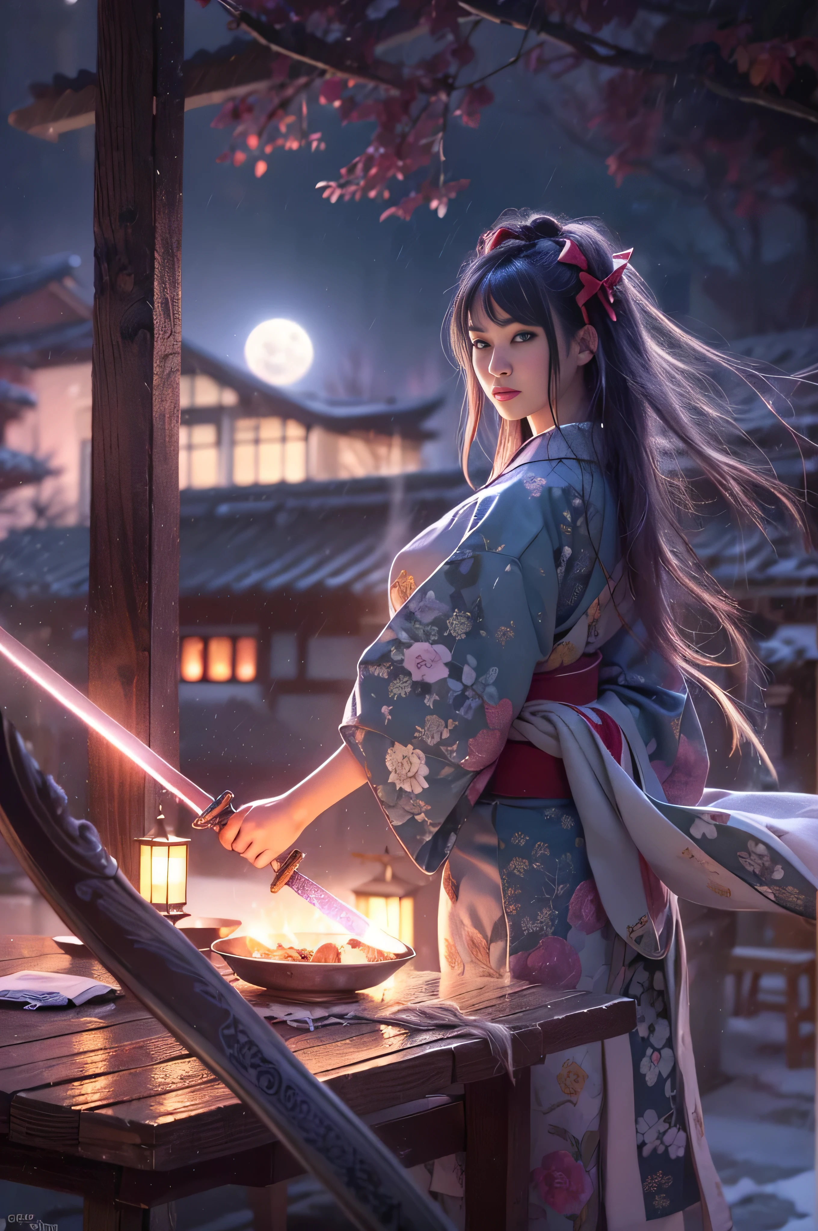 (8k, highest quality, Tabletop:1.2), (SFW:1.3), (Realistic, photo-Realistic:1.37), 1 beautiful girl, Swordsman, whole body, (Japanese Kimono), mini skirt, Long Hair, Ribbon in her hair,Old Japanese Village, night, full moon, moonlight, fire, (Shining Long Sword:1.4), Fantasy, Floating Hair, rain,