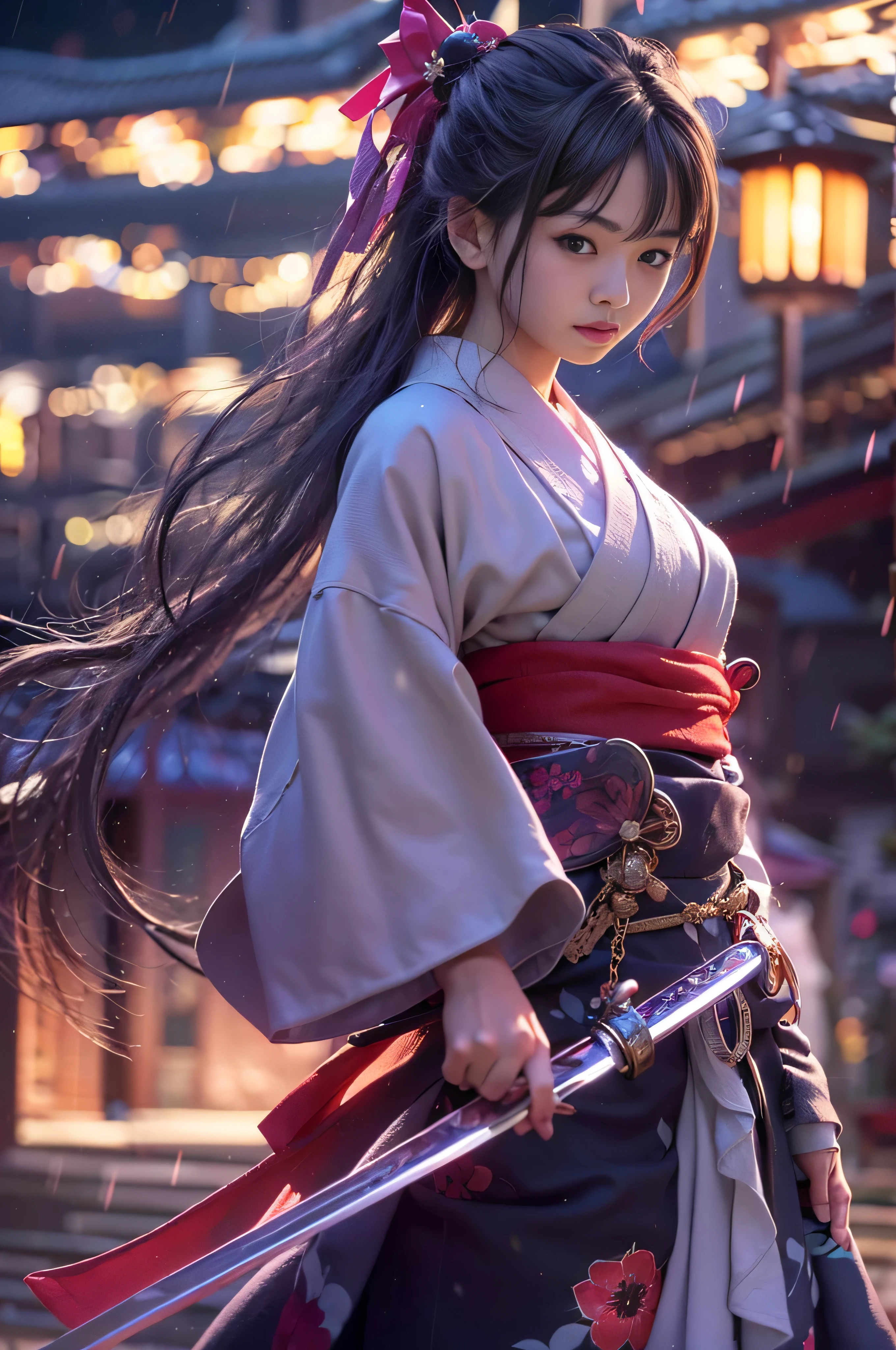 (8k, highest quality, Tabletop:1.2), (SFW:1.3), (Realistic, photo-Realistic:1.37), 1 beautiful girl, Swordsman, whole body, (Japanese Kimono), mini skirt, Long Hair, Ribbon in her hair,Old Japanese Village, night, full moon, moonlight, fire, (Shining Long Sword:1.4), Fantasy, Floating Hair, rain,