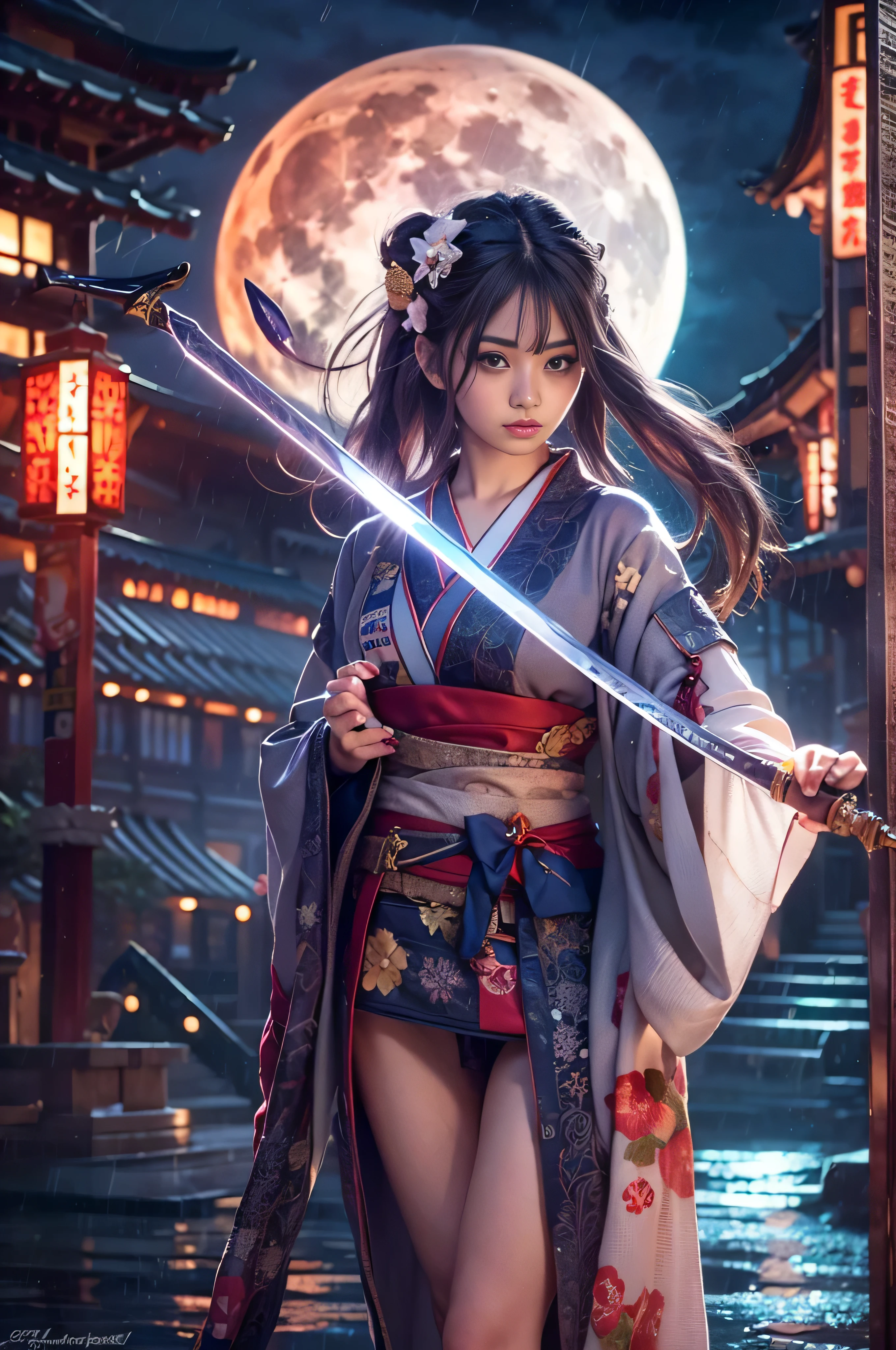 (8k, highest quality, Tabletop:1.2), (SFW:1.3), (Realistic, photo-Realistic:1.37), 1 beautiful girl, Swordsman, whole body, (Japanese Kimono), mini skirt, Long Hair, Ribbon in her hair,Old Japanese Village, night, full moon, moonlight, fire, (Shining Long Sword:1.4), Fantasy, Floating Hair, rain,