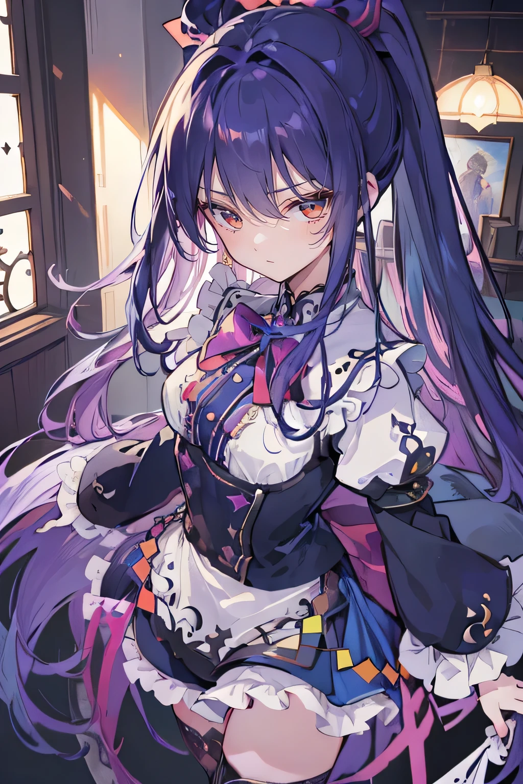 (best quality:1.3), (masterpiece:1.3), (illustration:1.3), (ultra-detailed:1.3), (imid shot:0.9), 1girl, medium breasts, purple eyes, (((dark blue hair))), hair ornaments, young, outfit-gladiia, long hair, dark blue hair, indoors, black shorts, thigh-highs, low ponytail, expressionless, upper body, close up, coat, skirt,