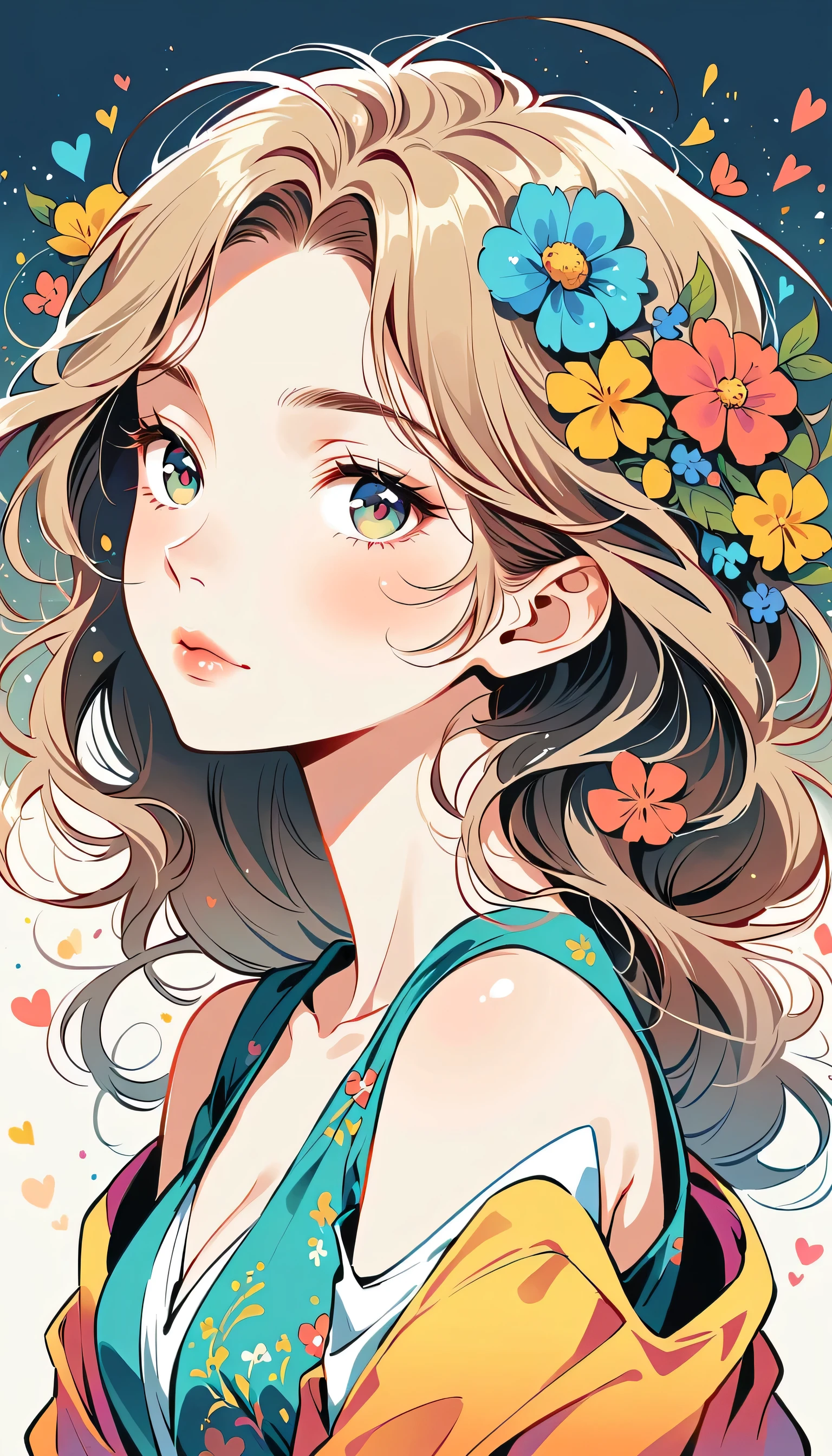 Takashi Murakami style、The most beautiful girl of all time、Lips in Love、Colorful flowers、Simple line initials、Abstract art、Urban Background,