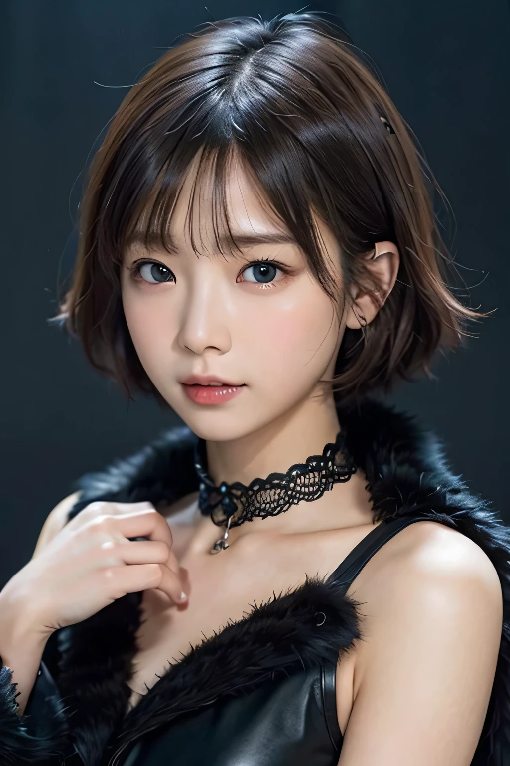 (8k, RAW Photos, highest quality, masterpiece)、Anatomically correct、slim、Cute idol face、One Girl、()、(Face Shot:1.35) 、(Very delicate and beautiful)、Professional lighting and shadows、Dark cave interior background、(Watery blue eyes that glow in the dark)、kitten ears、Very short hair、(Black Hair:1.23) 、 ((Wearing a black fur coat)) 、Black choker、