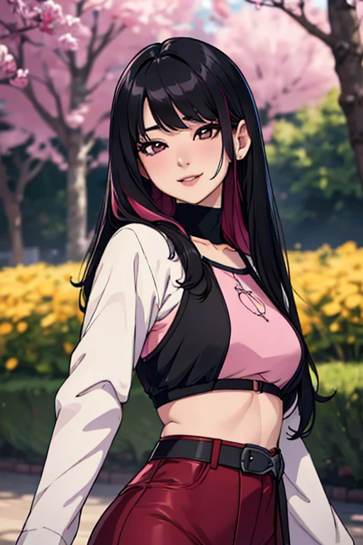 a beautiful 21 year old korean girl, long slightly waved black hair with pink highlights, rosy eyes, playful smile, small breasts, anime realism style, portrait, (best quality,4k,8k,highres,masterpiece:1.2),ultra-detailed,(realistic,photorealistic,photo-realistic:1.37),HDR,vivid colors,professional,bokeh