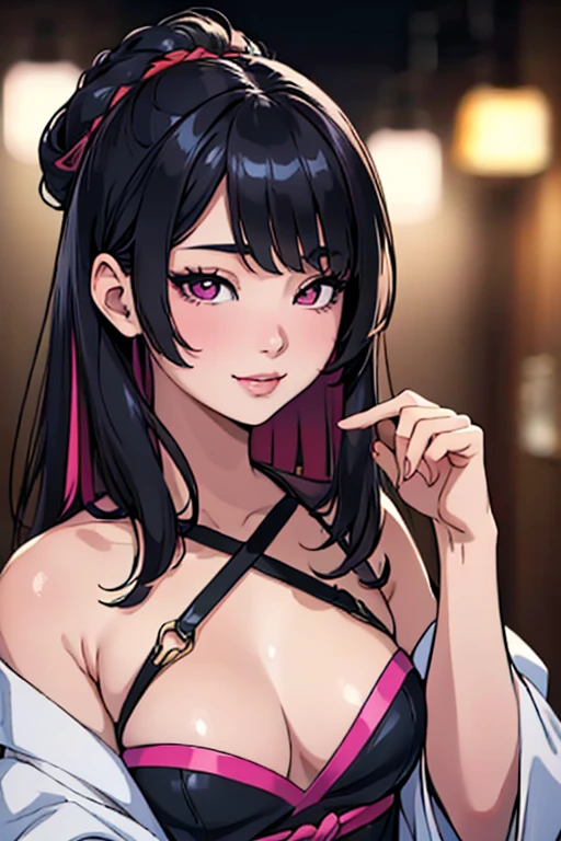 a beautiful 21 year old korean girl, long slightly waved black hair with pink highlights, rosy eyes, playful smile, small breasts, anime realism style, portrait, (best quality,4k,8k,highres,masterpiece:1.2),ultra-detailed,(realistic,photorealistic,photo-realistic:1.37),HDR,vivid colors,professional,bokeh