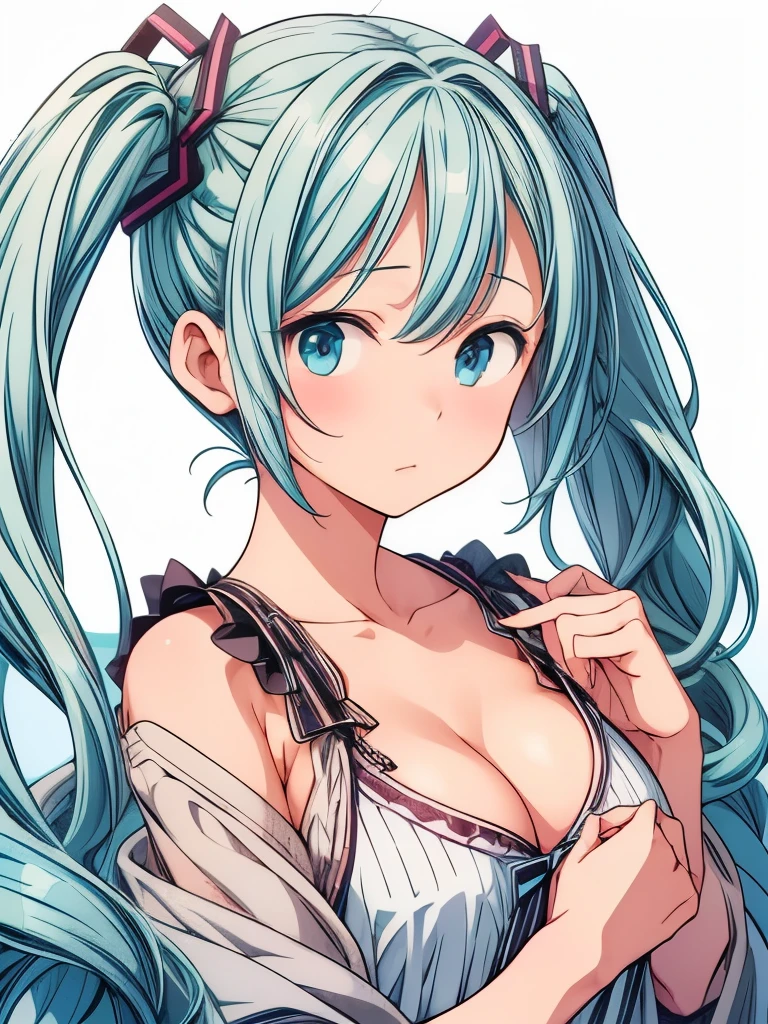 (masterpiece、highest quality、highest quality、Official Art、Beautiful and beautiful:1.2)、(One girl:1.3)Hatsune Miku、Twin tails,Beautiful breasts,Stickers、おっぱいのStickers、Baby Face、From the side、(((Chest close-up、Cleavage、I mainly draw the chest)))、Depiction of only the chest、Laugh with your mouth wide open、Succubus、Simple Background、White background、