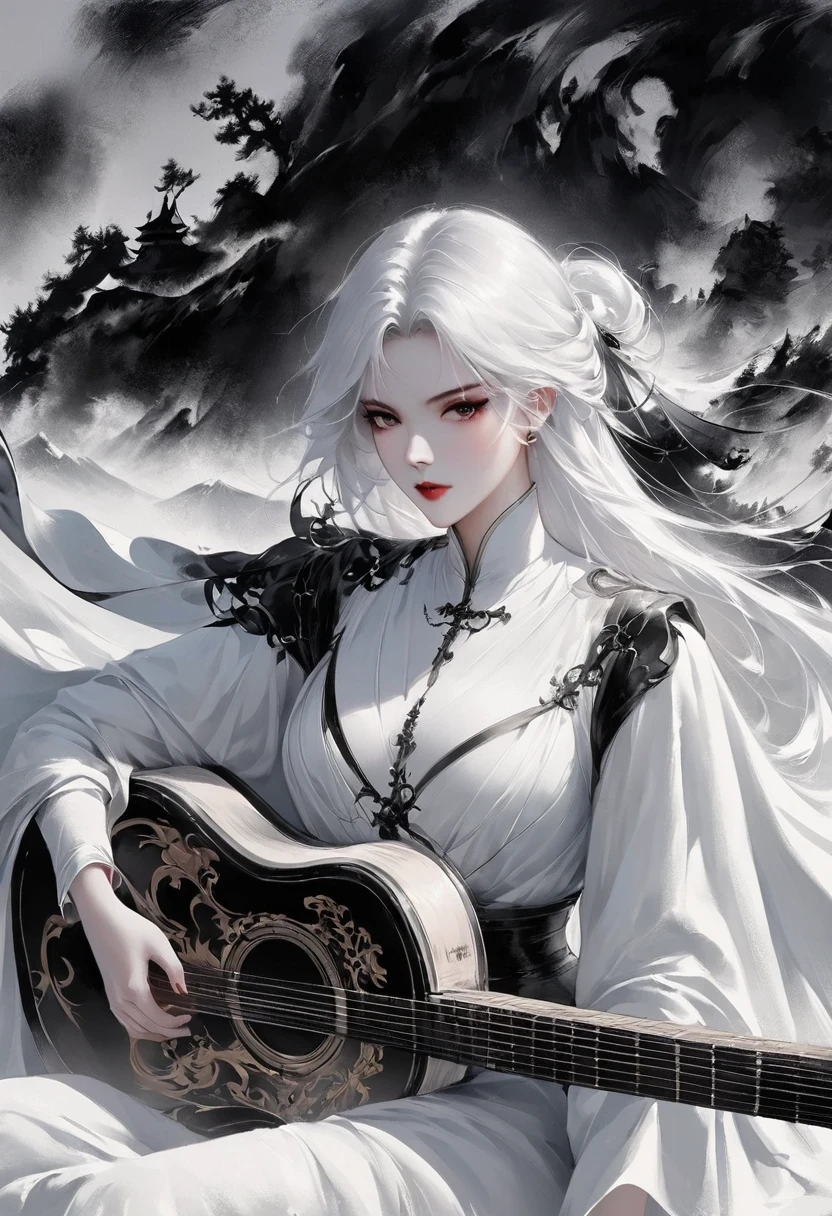 (Lots of white space:1.5),(Lots of white space around:1.6), White background, simple, Minimalism, abstract,Freehand,Aesthetic,black and white,Ink Painting,antiquity,a mountain,A distant guitarist,An abstract art illustration, author:Li Song, Arte no estilo de guweiz, arte shin jinyoung, Obra-prima de guweiz, Ross chart 1. 0, Beautiful digital illustrations, Inspired by non-WLOP, simpledigital art, jingna zhang, guweiz, Stunning digital illustrations