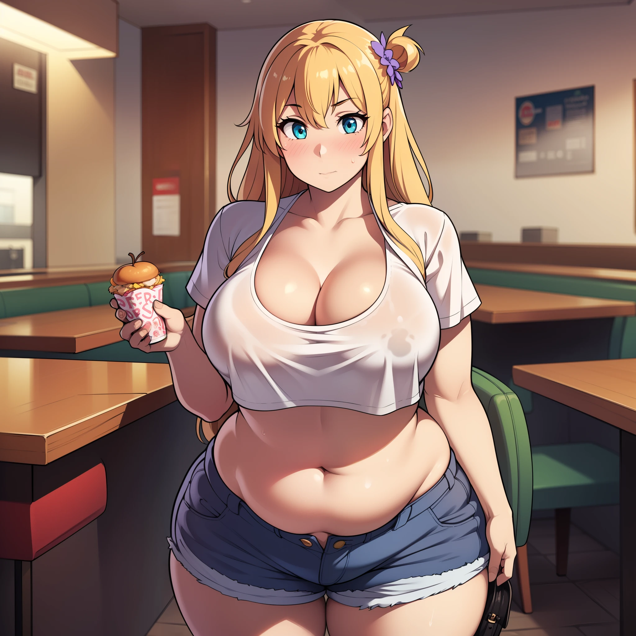 ((highres)), Masterpiece, high quality, best quality, beautiful, perfect lighting, detailed face, ultra cute face, ((2girls)), ((blush)), one girl has blonde hair, blue eyes, crop top and shorts, skindentation, one girl has brown hair, green eyes, jeans, white shirt, thighs clothes, full body, fast food restaurant, medium breasts, perky breasts, cleavage, ((wide hips)), (((thick thighs))), ((plump)), chubby belly, fat folds, standing together, (belly grab)