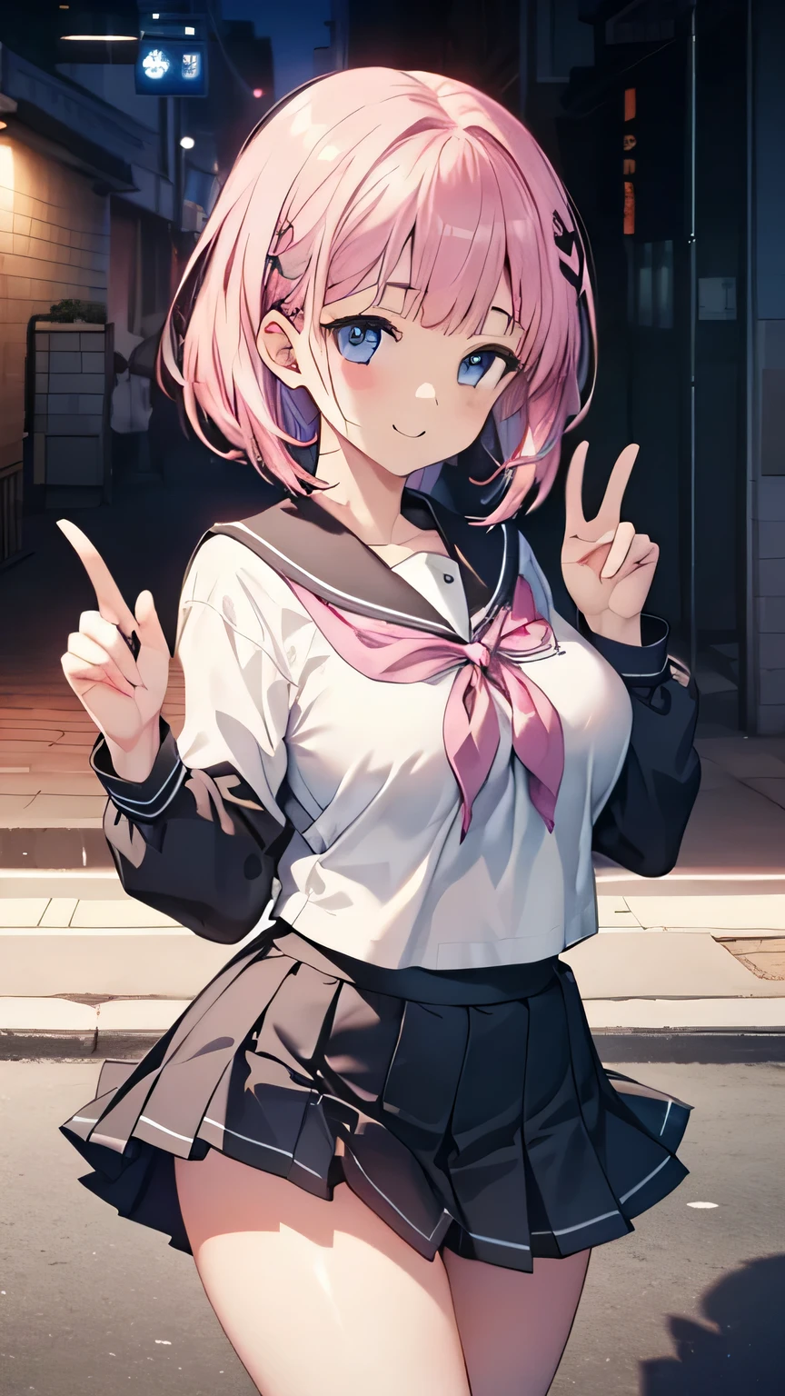 (Highly detailed CG Unity 8k wallpaper),(masterpiece), (highest quality), (Super detailed), (Best illustrations),(Best Shadow), Large Breasts Pink Hair Lift up your skirt Show your underwear to viewers Smiling and making a peace sign mini skirt School uniform
