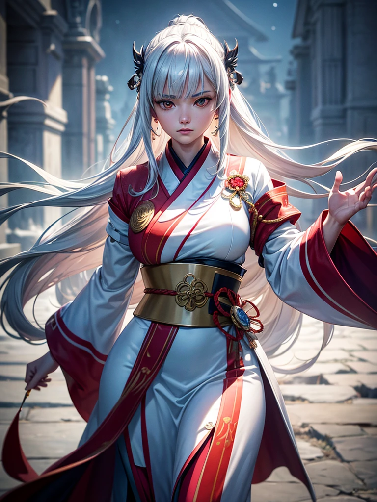 A beautiful young woman with silver hair and smooth long hair, wearing a stylish white and red kimono, standing in a beautiful full moon scenery, protected by god, surrounded by black wolves, ready for battle, (best quality,4k,8k,highres,masterpiece:1.2),ultra-detailed,(realistic,photorealistic,photo-realistic:1.37),HDR,UHD,studio lighting,ultra-fine painting,sharp focus,physically-based rendering,extreme detail description,professional,vivid colors,bokeh,portraits,battle scenes