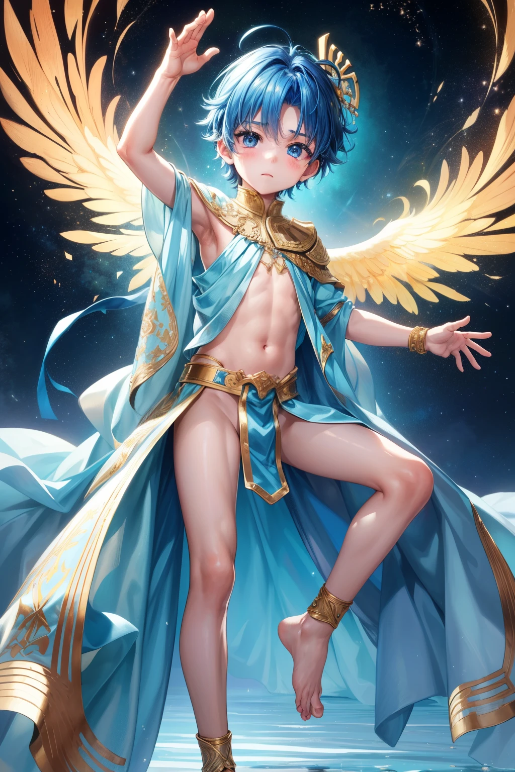 4k resolution, (Masterpiece:1), A small boy with vibrant, iridescent, cyan eyes and bare feet, arms raised in a triumphant pose, evoking an epic, cinematic feel. (Young:1.4), (Child:1.4), (Shota:1.4), (Male:1.4), (Boy:1.4), adorned in royal clothes fit for a king, evoking a sense of Royalty (1.4). The image focuses on his small, blushing feet, adding a touch of innocence and vulnerability to his epic posing. (Posing:1.4), (Cinematic:1