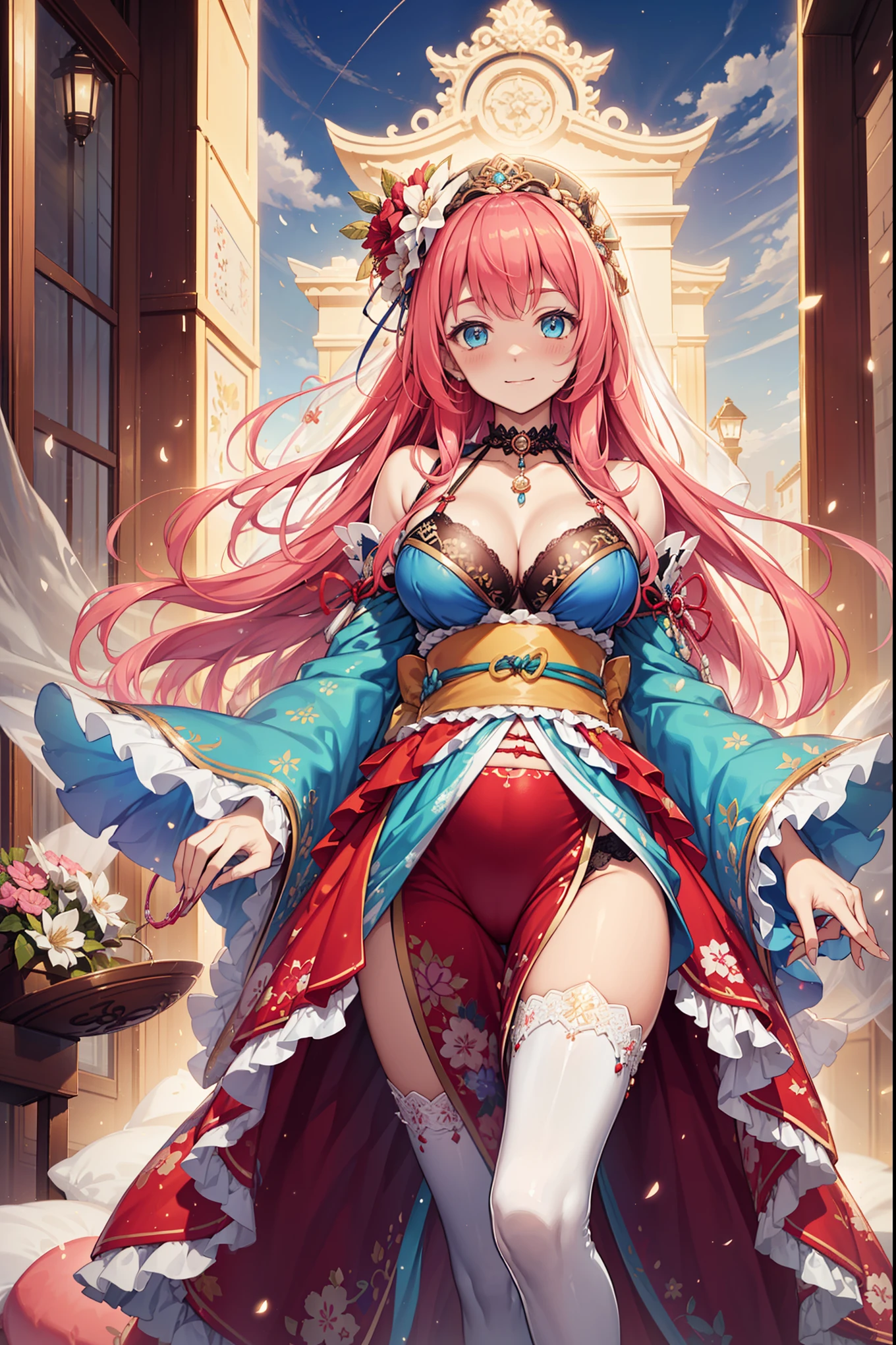 (best quality, high resolution, textured skin, high quality, high detail,Extremely detailed CG Unity),teenage girl,Obsessed,divine happiness,in love,(Swimwear and Kimono:1.2),pink hair,blue eyes,(Fabric headwear minimalism,Multi-layered delicate ruffles,lots of lace,multicolor cloth,exquisite embroidery,Exquisite pattern,Fabric headwear,exquisite clothing,see through transparent clothes,bedroom,night,(dazzle:1.2),movie lighting,the only person,Fluttering skirts,thighhighs