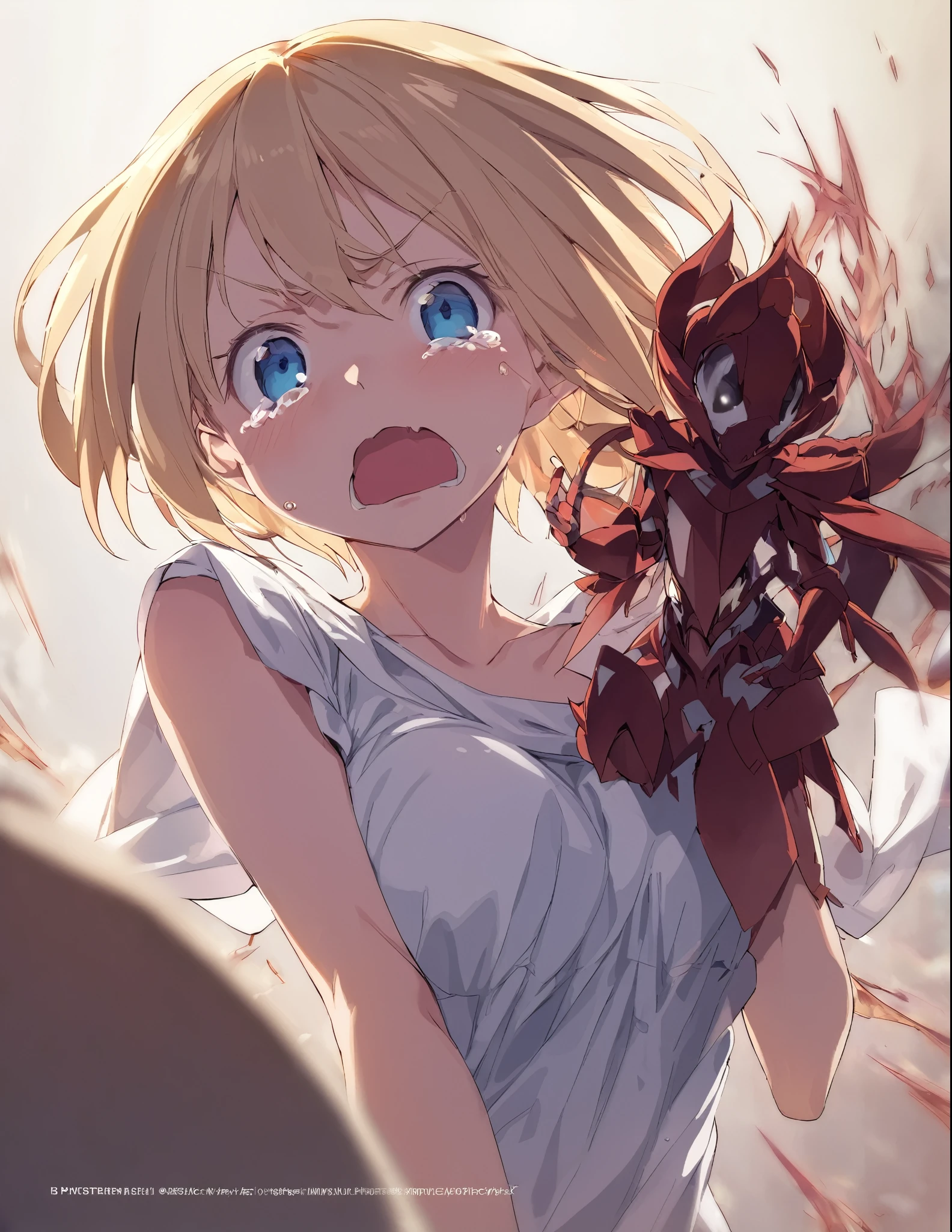 A young girl goes out wearing a magic . Blonde, large breasts, blue eyes, Short hair Crying and screaming