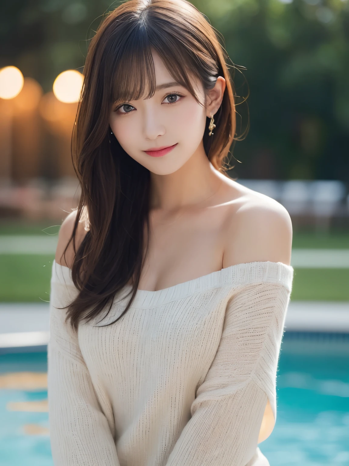 masutepiece, Best Quality, Illustration, Ultra-detailed, finely detail, hight resolution, 8K Wallpaper, Perfect dynamic composition, Beautiful detailed eyes, doress, short Hair, mid-?????, Natural Color Lip, Random and ???? poses,Smile, Blurred night pool background、20 years girl、Colossal 、Too much exposure、No shoulder knitwear（white）、Exposing the ?????、Slid、I keep my hair tied up