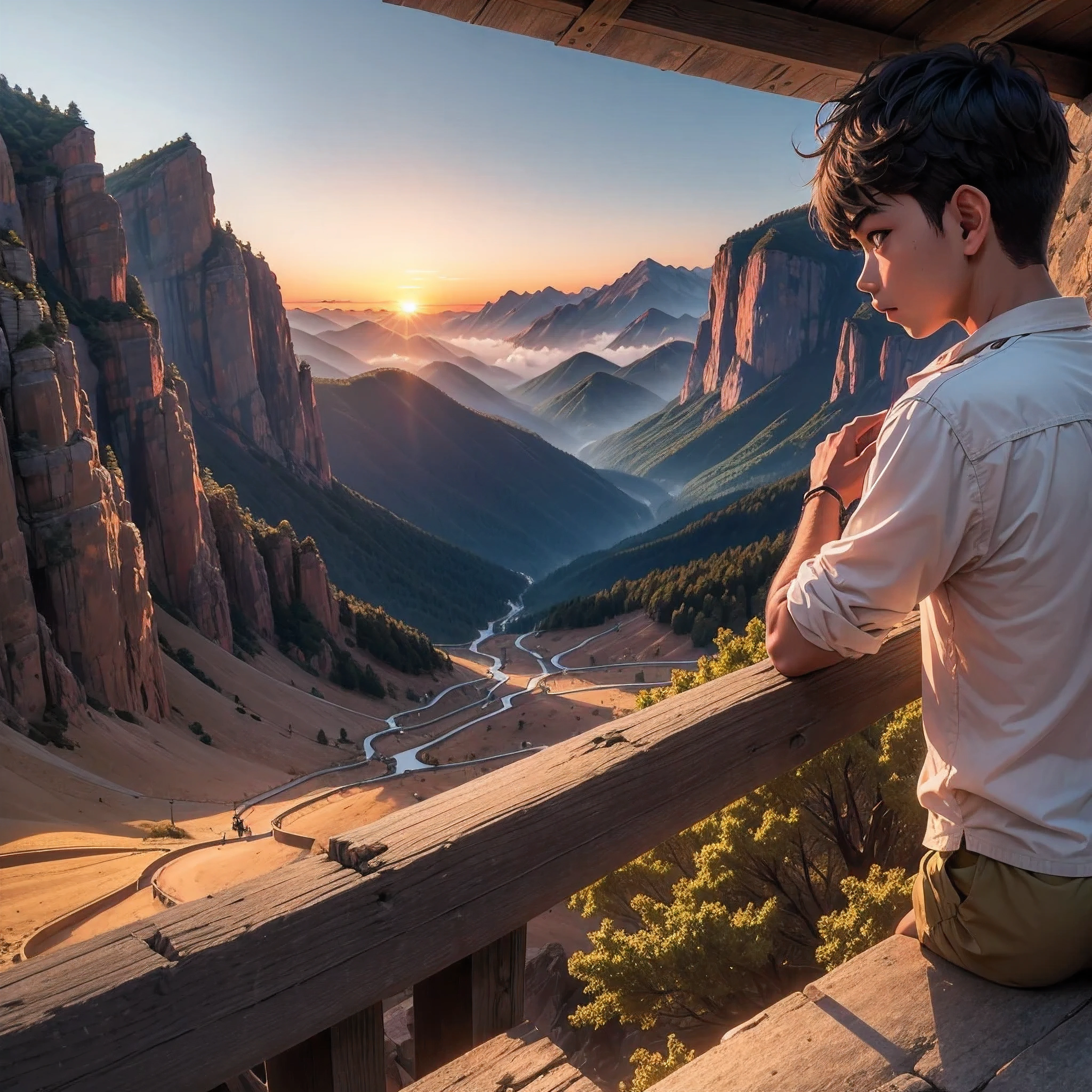Sunset view in mountain ranges enjoy by a boy