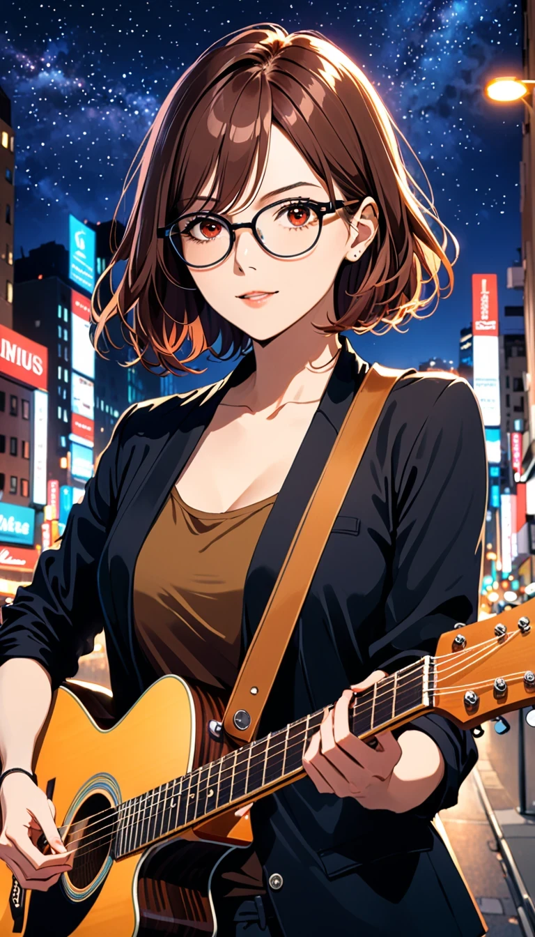 1 Girl, Upper Body, permanent, Play the guitar, Medium Length Hair, brown hair, Red Eyes, Black glasses, black jacket, roll up sleeves, outdoor, City, street, night, night sky