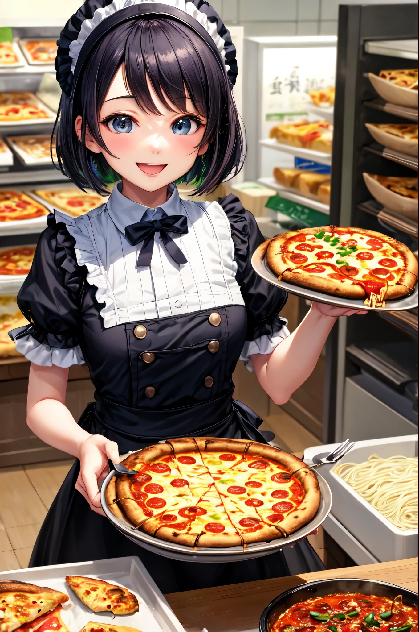 pizza、Open your mouth、Holding a fork、Black Hair、Short Bob、No sleeve,Gothic Lolita、Put your hand on the boat、smile、smile、Inside the store、A man is stretching noodles from a ramen bowl with a fork、