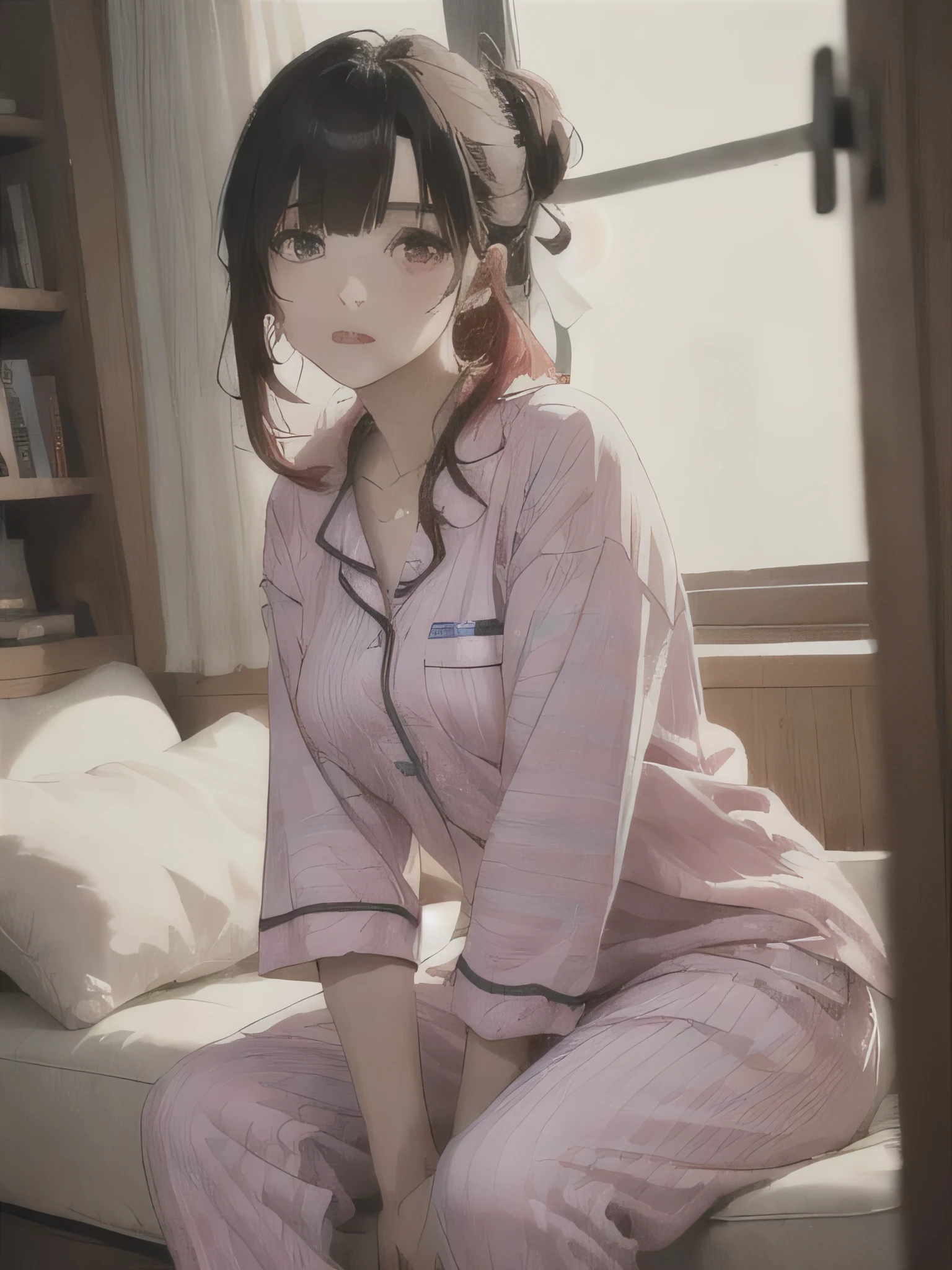 1 girl, Redhead, Updo, Facial hair stripes, Red eyes, mascara,  Sagging under the eyes, feet,  Impact, 8k, masterpiece,Thighs,color、Ultra-high resolution、masterpiece、Accurate、Loungewear，pajamas、Loungewear