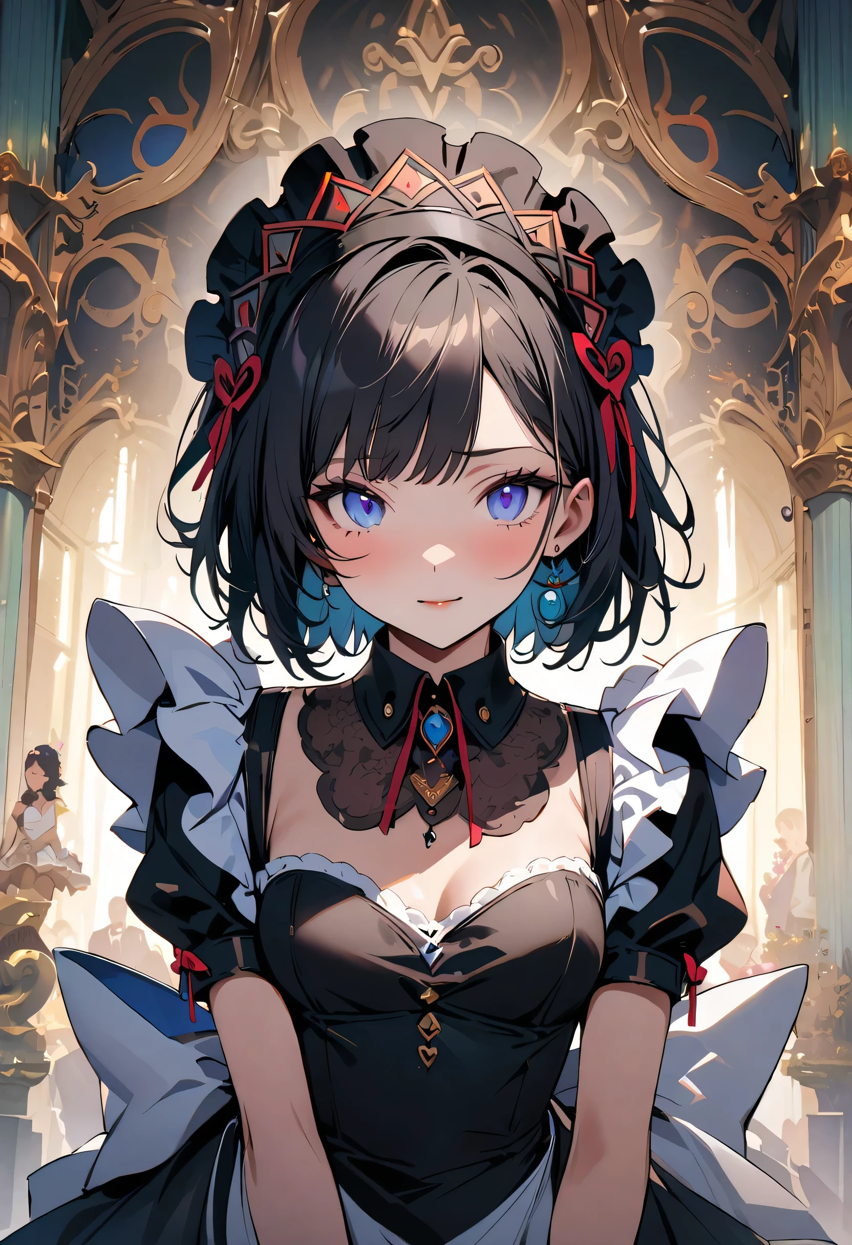 masterpiece, highest quality, Illustrations for novels, High resolution, 18+ Adult content, Sensual, Intimate, Emotional, Passionate, romantic, sweet, Adorable, Innocent, Pure, Fascinating, Fascinating, attractive, Mysterious, Fascinating, Fascinating, Immersive, Fascinating, dream-like, Surreal, Imaginative, Whimsical, artistic, Avant-garde, timeless, elegant, Sophisticated, chic, Sophisticated, Individuality, original, Fascinating,((Maid clothes:1.3)),(guitarist:1.3)、Female Band、Live、((Upper Body:1.3))