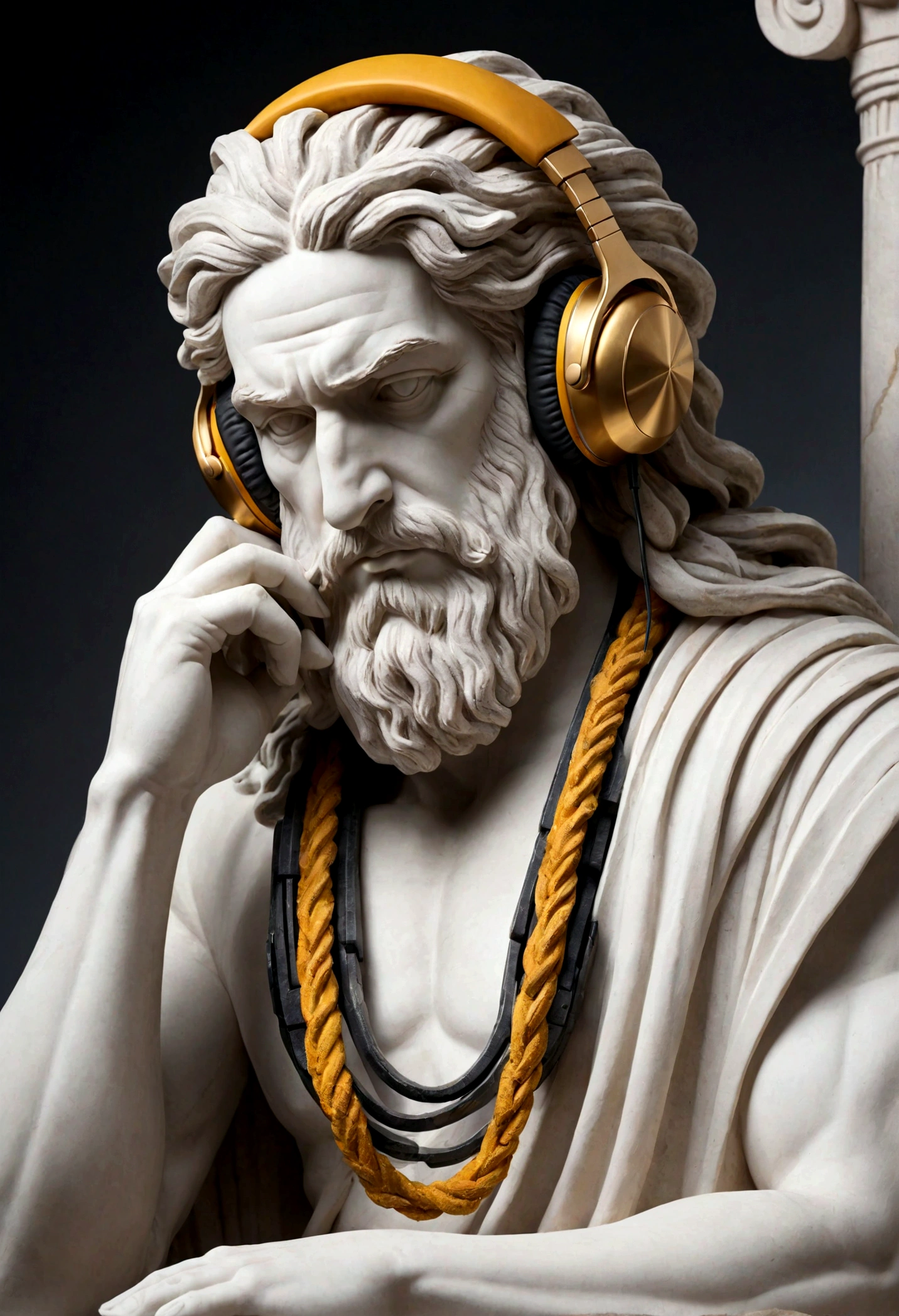 A stoic Greek man made of gray stone with cracks representing modern DJ. The figure must be in a dynamic pose, with one hand adjusting the headphones and the other on the soundboard. The sculpture must have the following characteristics:Headphones: Large and modern, detailed carved from marble.Sound Desk: A toned body with the head lowered, a thick fog around, a red beam in the sky illuminates the fog. In the background there are black mystical mountains, bright colors, high contrast of tones, dark atmosphere, seen from above.Mix of modern technology with classical Greek elements, including buttons and sliders.Golden Chain: A robust and very detailed hanging around the neck. Transparent Glasses Glasses with a translucent appearance, sculpted to look like glass.Rasta Hair: Dreadlocks falling forward, partially covering the face, but without hiding important details. Sculpture Style: Ideal proportions and well-defined muscles, following the classic Greek style. Traditional Greek clothing adapted to the modern look of a DJ.Base and Context:The base of the sculpture must combine classical elements, such as Greek columns and friezes, with symbols of Image Quality Resolution: 4K to 8K
