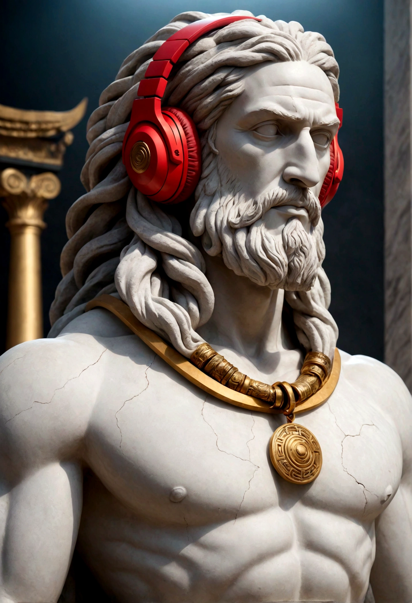 A stoic Greek man made of gray stone with cracks representing modern DJ. The figure must be in a dynamic pose, with one hand adjusting the headphones and the other on the soundboard. The sculpture must have the following characteristics:Headphones: Large and modern, detailed carved from marble.Sound Desk: A toned body with the head lowered, a thick fog around, a red beam in the sky illuminates the fog. In the background there are black mystical mountains, bright colors, high contrast of tones, dark atmosphere, seen from above.Mix of modern technology with classical Greek elements, including buttons and sliders.Golden Chain: A robust and very detailed hanging around the neck. Transparent Glasses Glasses with a translucent appearance, sculpted to look like glass.Rasta Hair: Dreadlocks falling forward, partially covering the face, but without hiding important details. Sculpture Style: Ideal proportions and well-defined muscles, following the classic Greek style. Traditional Greek clothing adapted to the modern look of a DJ.Base and Context:The base of the sculpture must combine classical elements, such as Greek columns and friezes, with symbols of Image Quality Resolution: 4K to 8K