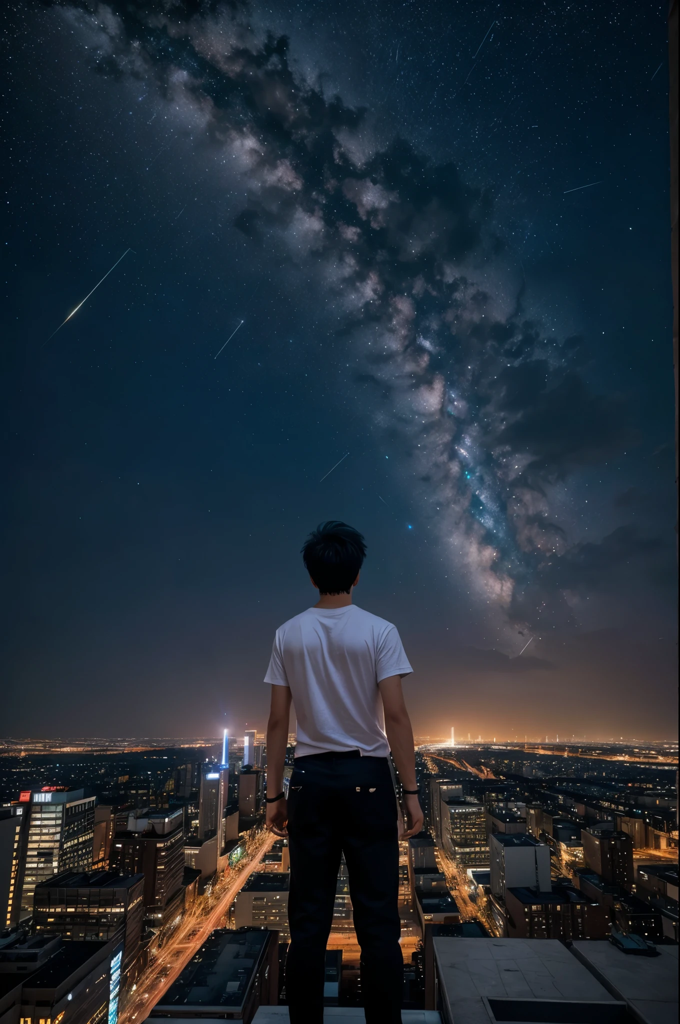 As the city sleeps below, a lone figure stands atop a towering building, mesmerized by the celestial spectacle unfolding above. The night sky is ablaze with the brilliance of a meteor shower, streaks of light painting fleeting masterpieces against the vast canvas of darkness. Describe the scene from the perspective of the boy on the rooftop. What thoughts and emotions stir within him as he witnesses this breathtaking display? How does the beauty of the meteor shower contrast with the urban landscape below? Explore the juxtaposition of the tranquility of the cosmos and the bustling energy of the city the boy is wearing white tshirt and black casual pants shown in as anime character