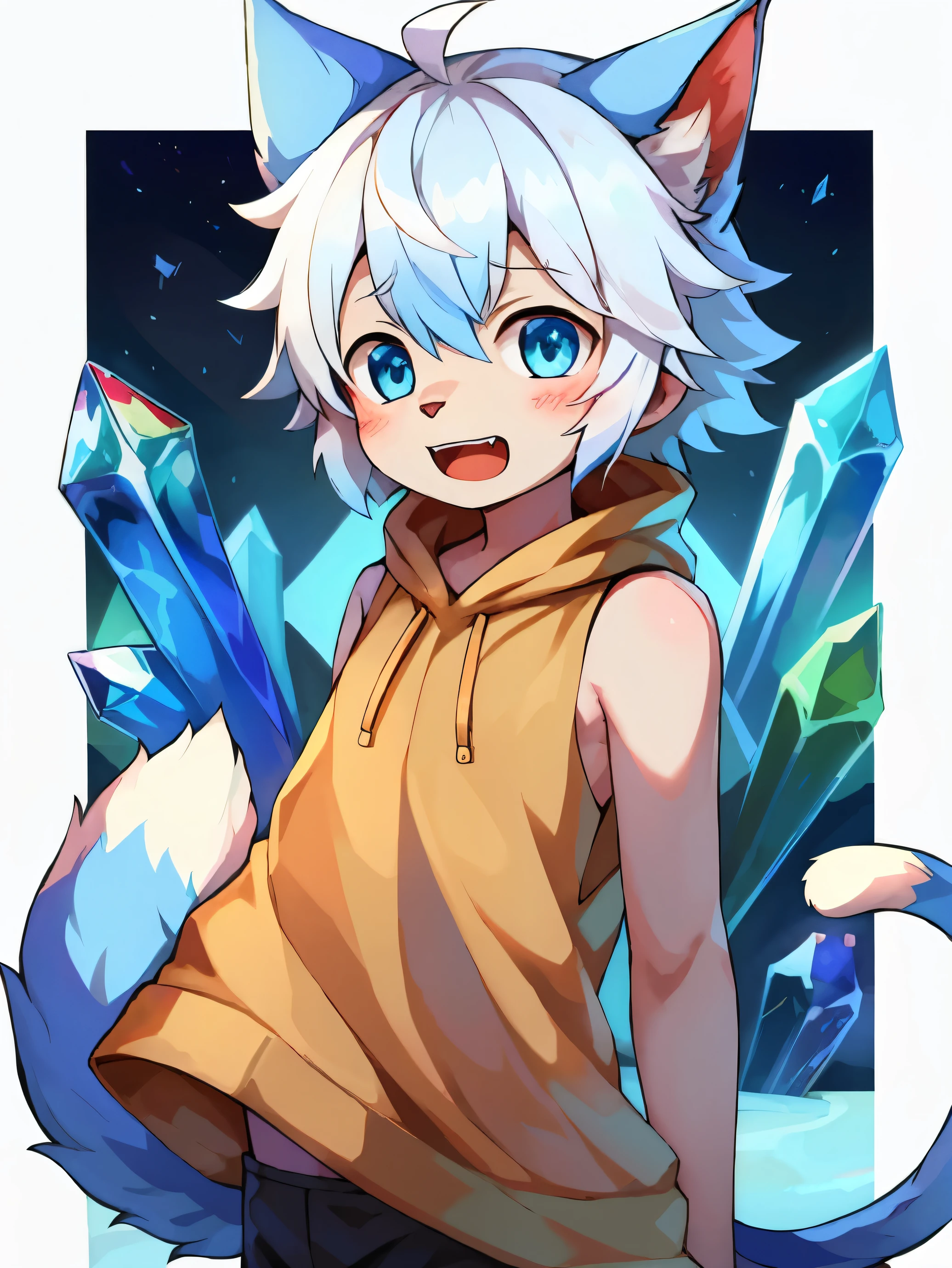 Highres, Masterpiece, Best quality at best,High-quality illustrations, Best Quality, Furry, Boy, Shota, Cat boy，Blue fur，crystal blue eyes，Single fluffy tail，White hair，Open mouth, Little fang, short detailed hair, Sleeveless hodie, Upper body, uhd