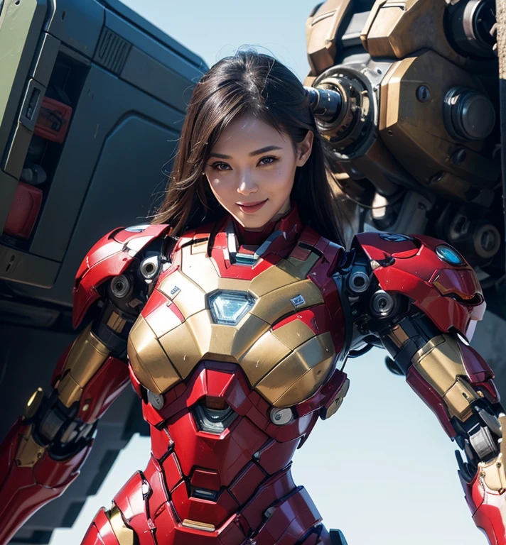 Textured skin, Super Detail, high details, High quality, Best Quality, hight resolution, 1080p, hard disk, Beautiful,(Iron Girl),Beautiful Smile,beautiful cyborg woman,Mecha Cyborg Girl,Battle Mode,Girl with a Mecha Body,She wears an Iron Man mech,A powerful cyborg woman, sleek and futuristic, with advanced mechanical augmentations that enhance her strength and capabilities