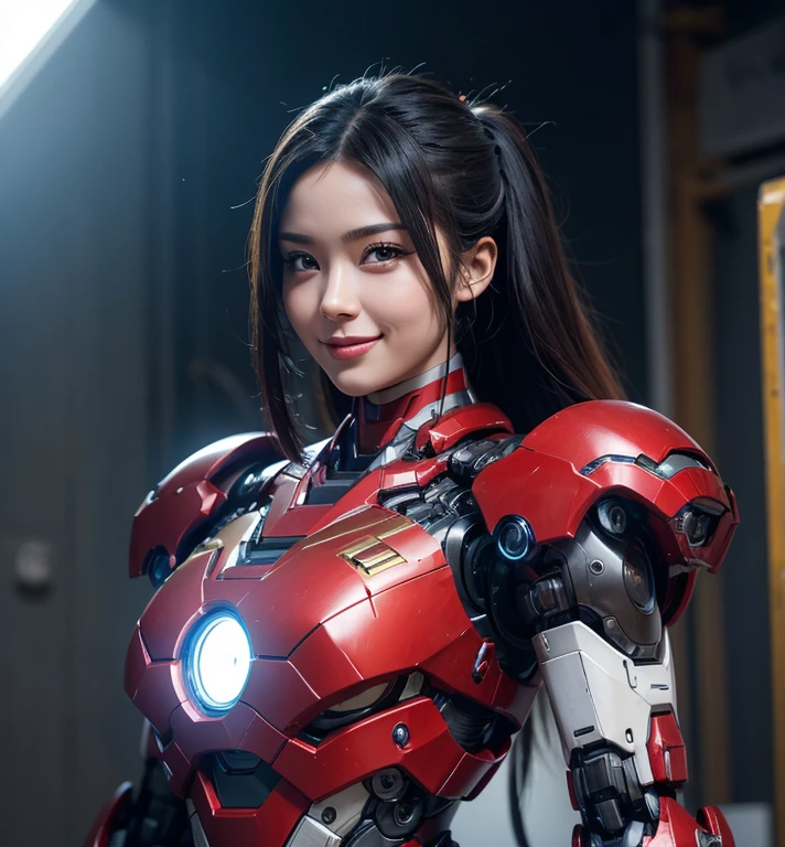 Textured skin, Super Detail, high details, High quality, Best Quality, hight resolution, 1080p, hard disk, Beautiful,(Iron Girl),Beautiful Smile,beautiful cyborg woman,Mecha Cyborg Girl,Battle Mode,Girl with a Mecha Body,She wears an Iron Man mech,A powerful cyborg woman, sleek and futuristic, with advanced mechanical augmentations that enhance her strength and capabilities