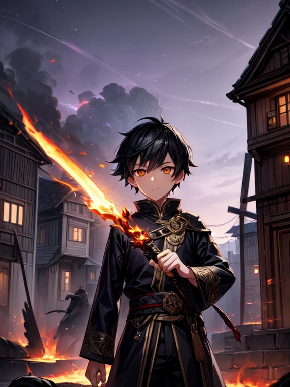 Character Kentarion , BOY, black hair, Fire sword, Parameter: The village is ruined, houses on fire. Black Creatures, Shadow Wraiths, amber eyes, conceptual art, cinematic lighting, shadow, Diffraction spikes, Ultra wide angle, Hasselblad, UHD, masterpiece, Anatomically correct, 1080p, 4K, 8K, Best quality