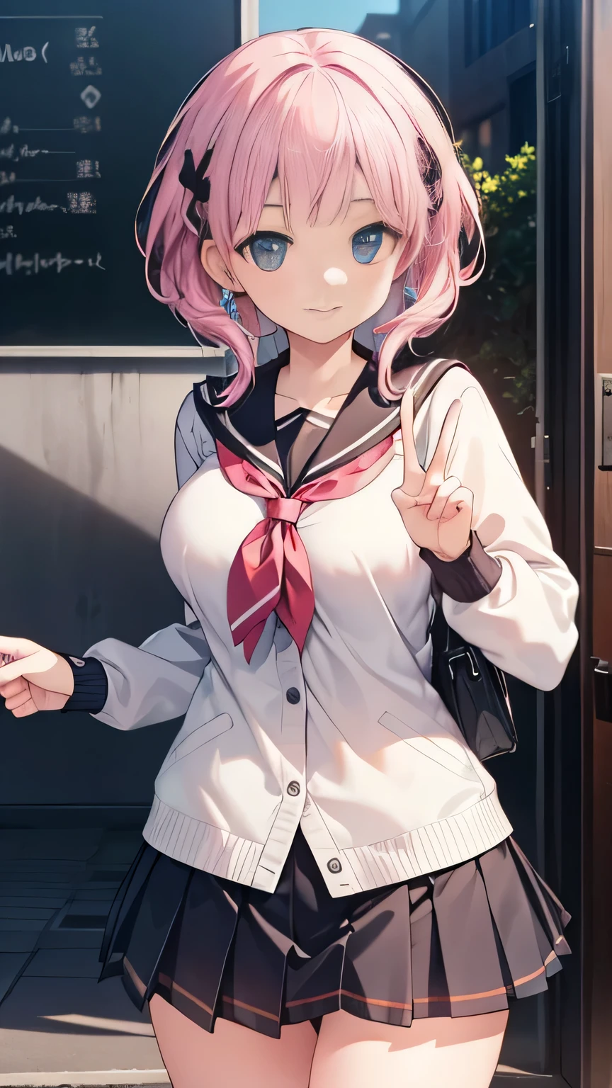 (Highly detailed CG Unity 8k wallpaper),(masterpiece), (highest quality), (Super detailed), (Best illustrations),(Best Shadow), Large Breasts Pink Hair Show your panties to your audience Smiling and making a peace sign mini skirt School uniform