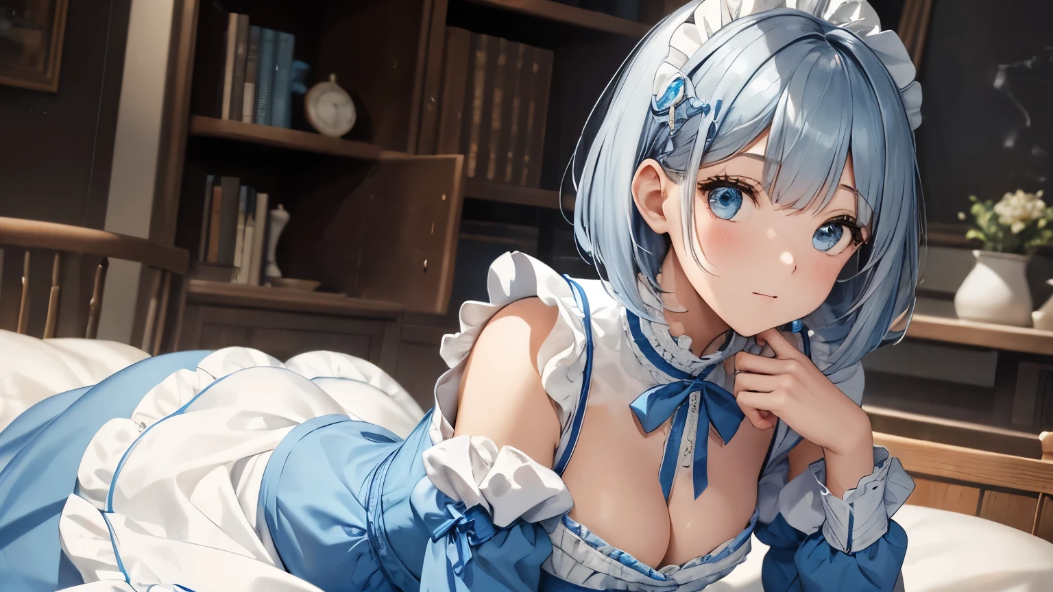 A beautiful girl wearing a light blue maid outfit with lots of frills and lace Long sleeve Silver bob with hair ornament Upper Body