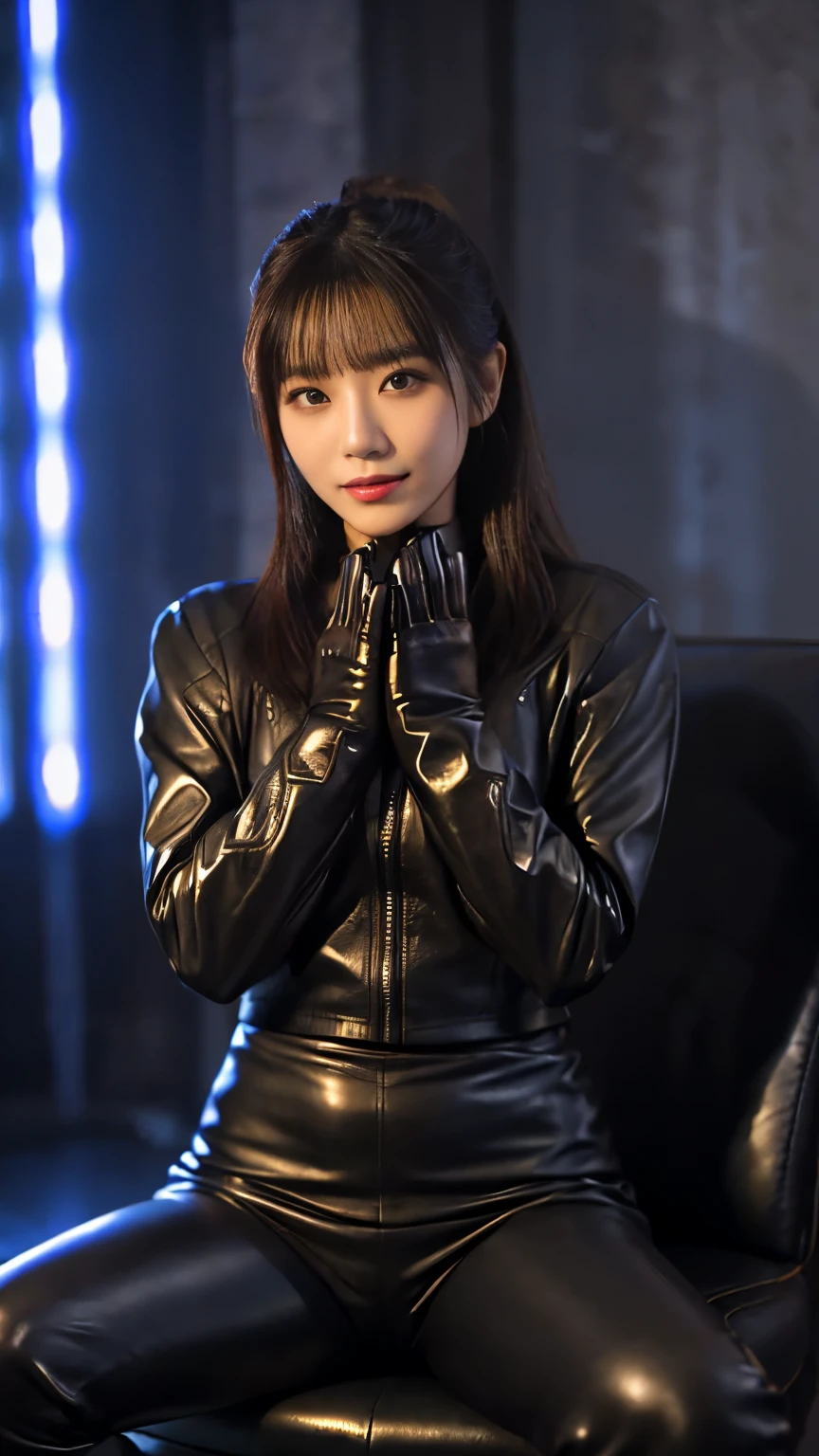 black leather rider jacket, , Black leather gloved fingertips on both hands,Wearing black leather gloves,Sitting in a black leather chair、 Japanese female new recruits (Black leather gloves cover both hands) (The angle is horizontal)、Black Leather Pants,Black Leather Black Leather Pants,Black Leather Skinny Pants、Long black leather boots on both feet、((He wears black leather gloves on his hands))Full Body Photo,full body shot full body full body leather suit,☺If you turn in this direction。Wearing black leather gloves,Wearing black leather gloves,Wearing black leather gloves,Wearing black leather gloves,Wearing black leather gloves,Wearing black leather gloves,黒のレザーパンツが美しい😍黒のレザーパンツが美しい😍黒のレザーパンツが美しい,😍Smiling while looking at me,City lights、Life-size (Neon Light)、Detailed lighting Best image quality、Ultra-high resolution、(realism:1.4)、Japanese Beauty Star、The most beautiful JPOP stars、face、Horny Korean Makeup、A body that makes you want to touch it、Realistic leather texture、Costume made of smooth leather fabric、The drape of the curved parts of the leather fabric、The costume is very shiny、Quality of the costume、8K Photo Quality