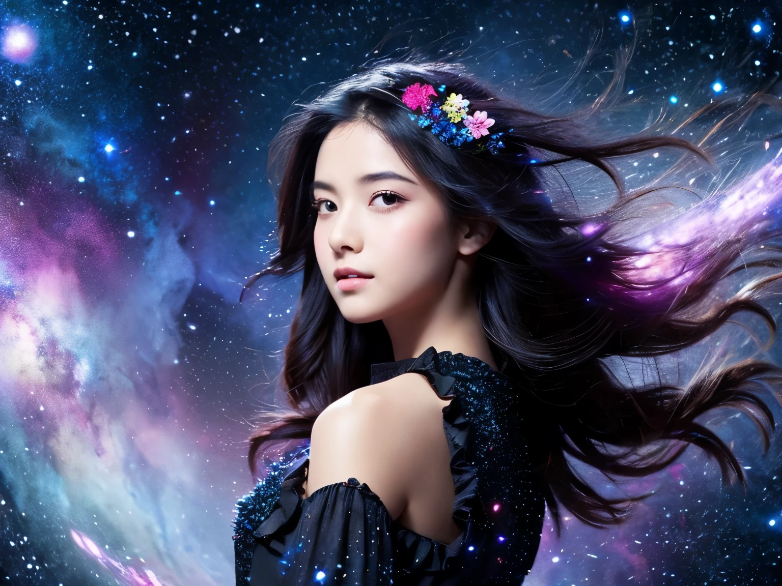 (best quality, masterpiece), 1girl, pose, particle, wind, flower, upper body, simple background, looking at viewer, black wildly hair, cosmic, nebulas, galaxy